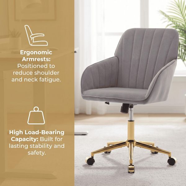 Gray Velvet Office Chair, Ergonomic Adjustable Swivel Desk Chair with Gold Base for Home Study and Long Sitting Comfort - Platinum-Level Office Chairs