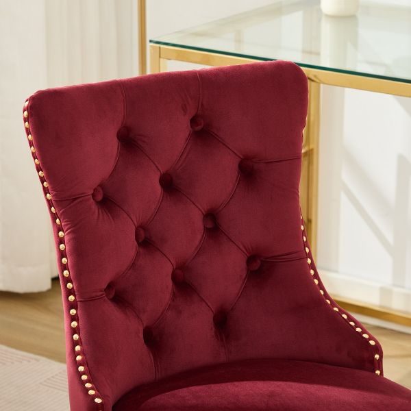 Wine Red Velvet Tufted Office Chair, A&A Furniture Classic Swivel Bedroom Chair with Golden Metal Base and Nailhead Trim - Platinum-Level Office Chairs