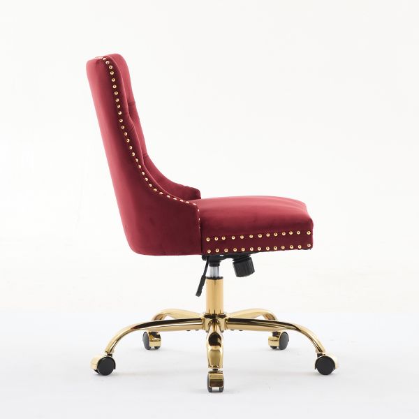 Wine Red Velvet Tufted Office Chair, A&A Furniture Classic Swivel Bedroom Chair with Golden Metal Base and Nailhead Trim - Platinum-Level Office Chairs