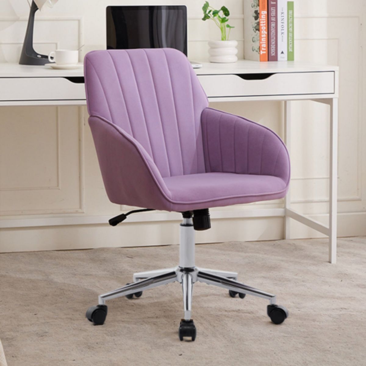 Lilac Velvet Office Chair, Ergonomic Adjustable Swivel Desk Chair with Silver Base and Comfortable Backrest for Home and Bedroom - Platinum-Level Office Chairs