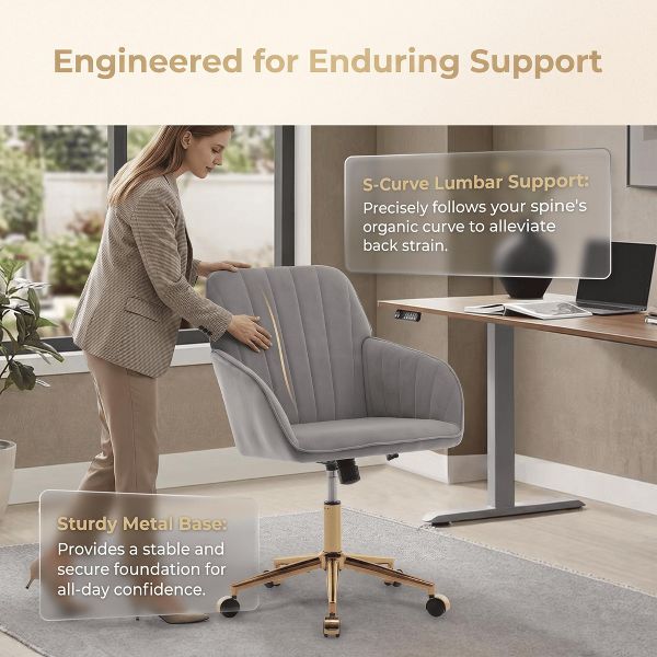 Gray Velvet Office Chair, Ergonomic Adjustable Swivel Desk Chair with Gold Base for Home Study and Long Sitting Comfort - Platinum-Level Office Chairs