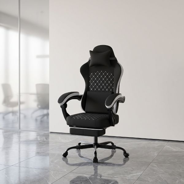 Black and White Ergonomic Gaming Chair with Massage Lumbar Support - Platinum-Level Office Chairs