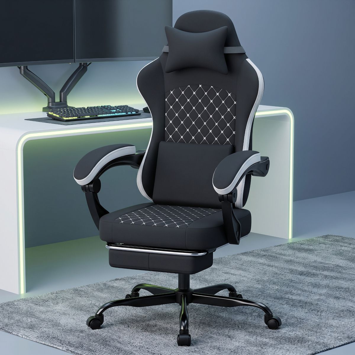 Black and White Ergonomic Gaming Chair with Massage Lumbar Support - Platinum-Level Office Chairs