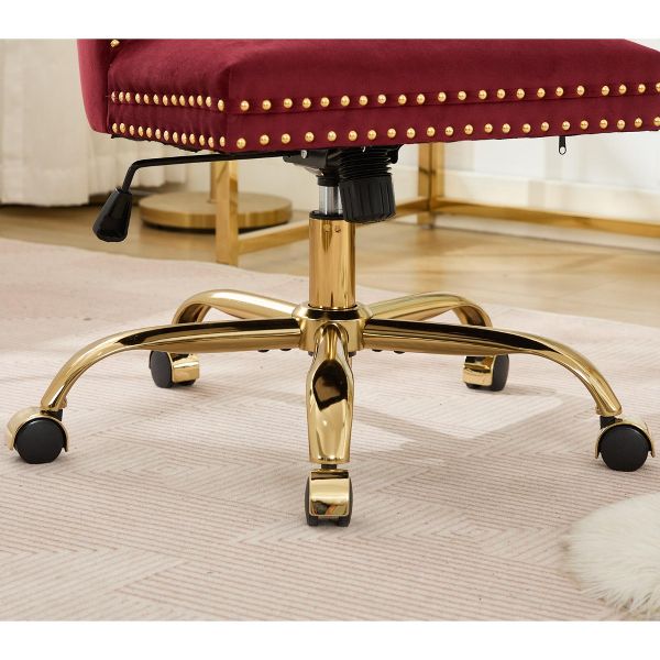 Wine Red Velvet Tufted Office Chair, A&A Furniture Classic Swivel Bedroom Chair with Golden Metal Base and Nailhead Trim - Platinum-Level Office Chairs