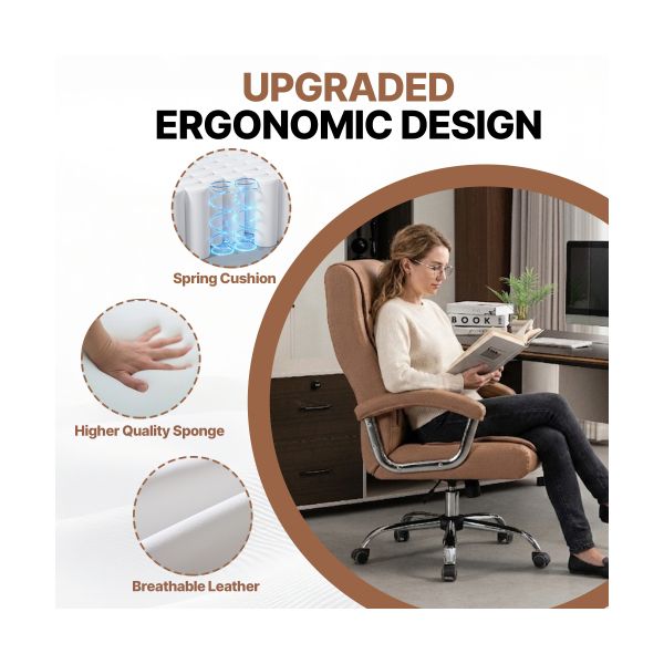High Back Camel PU Leather Executive Office Chair Ergonomic Swivel Desk Chair Spring Cushion Chrome Armrests 350 lb Capacity - Platinum-Level Office Chairs