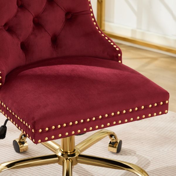 Wine Red Velvet Tufted Office Chair, A&A Furniture Classic Swivel Bedroom Chair with Golden Metal Base and Nailhead Trim - Platinum-Level Office Chairs