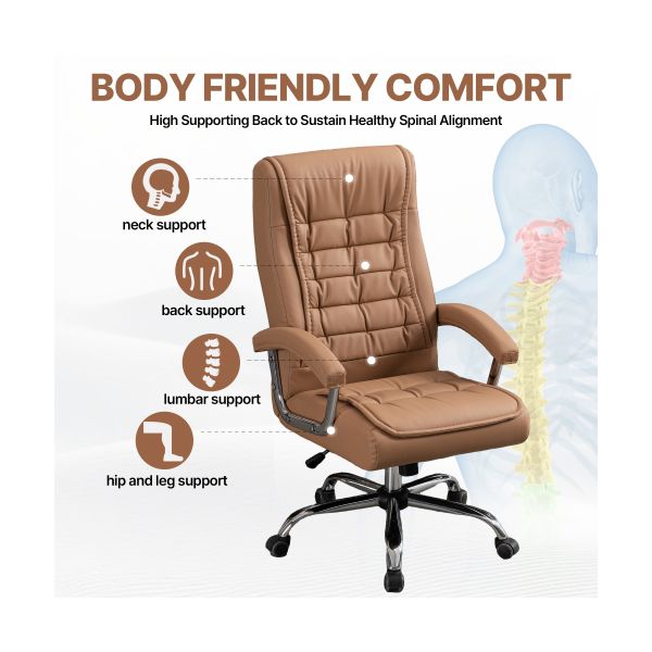 High Back Camel PU Leather Executive Office Chair Ergonomic Swivel Desk Chair Spring Cushion Chrome Armrests 350 lb Capacity - Platinum-Level Office Chairs