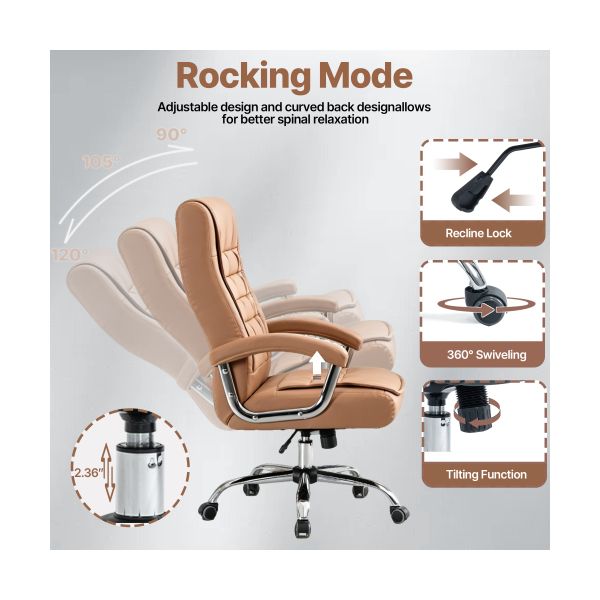 High Back Camel PU Leather Executive Office Chair Ergonomic Swivel Desk Chair Spring Cushion Chrome Armrests 350 lb Capacity - Platinum-Level Office Chairs