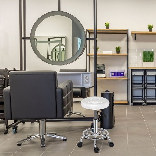 Round Bar Stool with Lines, Casters, Chrome Base, White or Black