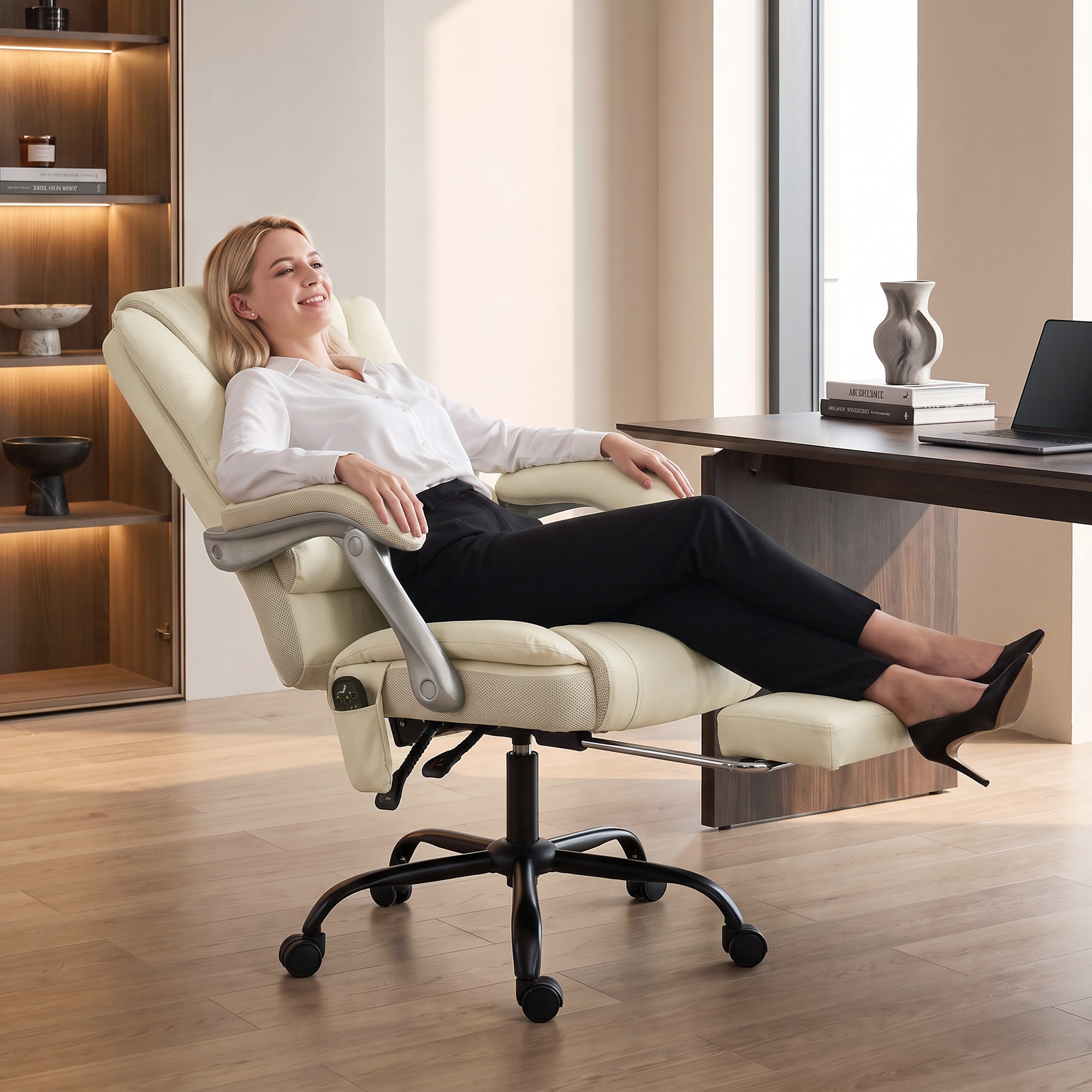 Beige massage office chair reclined with footrest