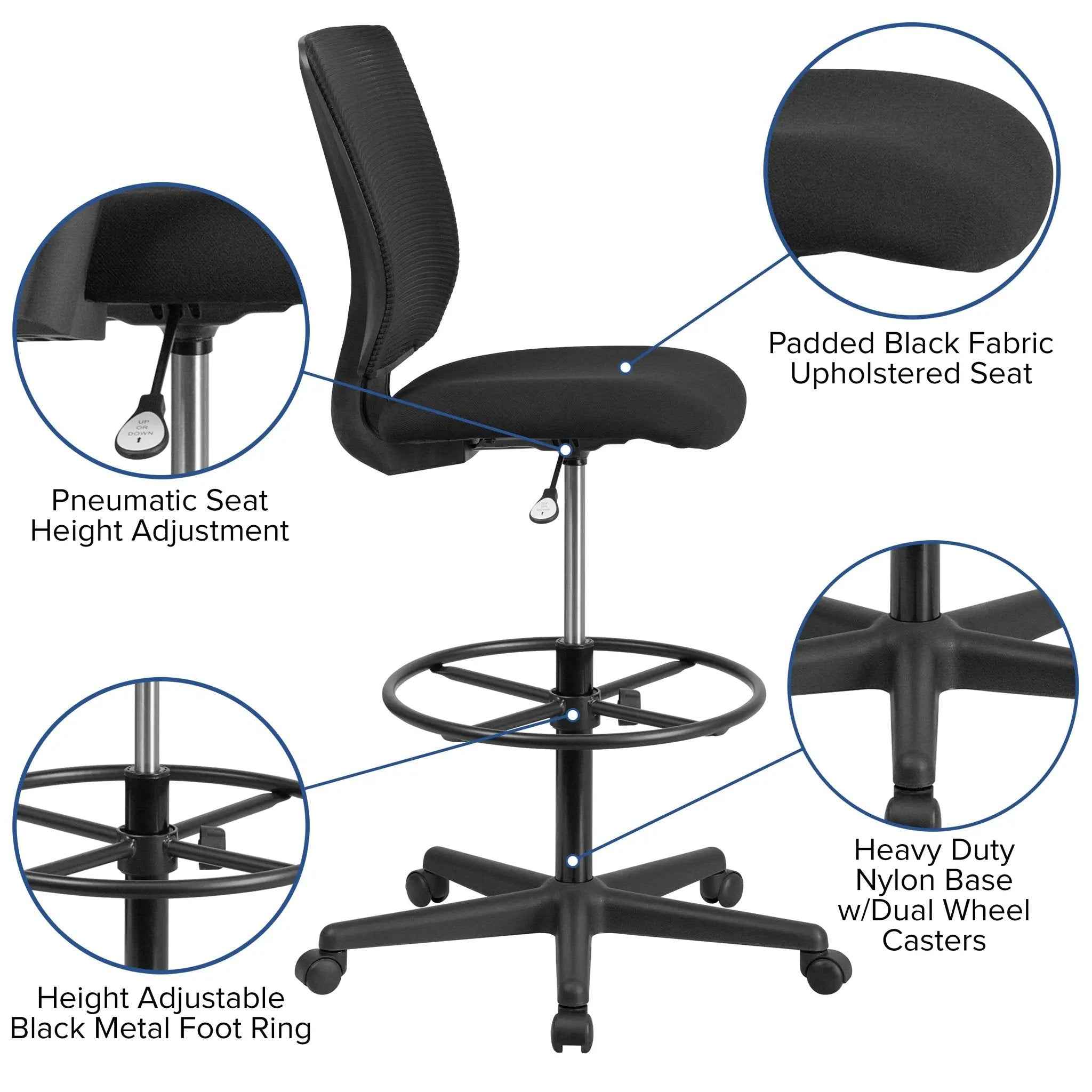 Drafting Chair with Fabric Seat and Adjustable Foot Ring