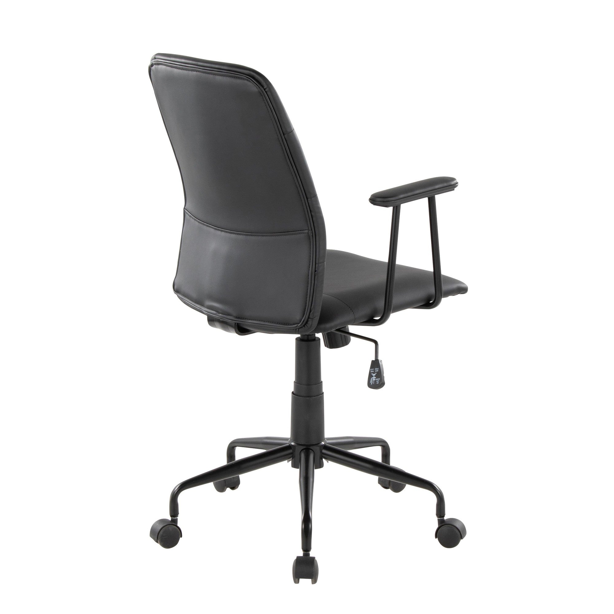 Black faux leather swivel office chair - rear angle view