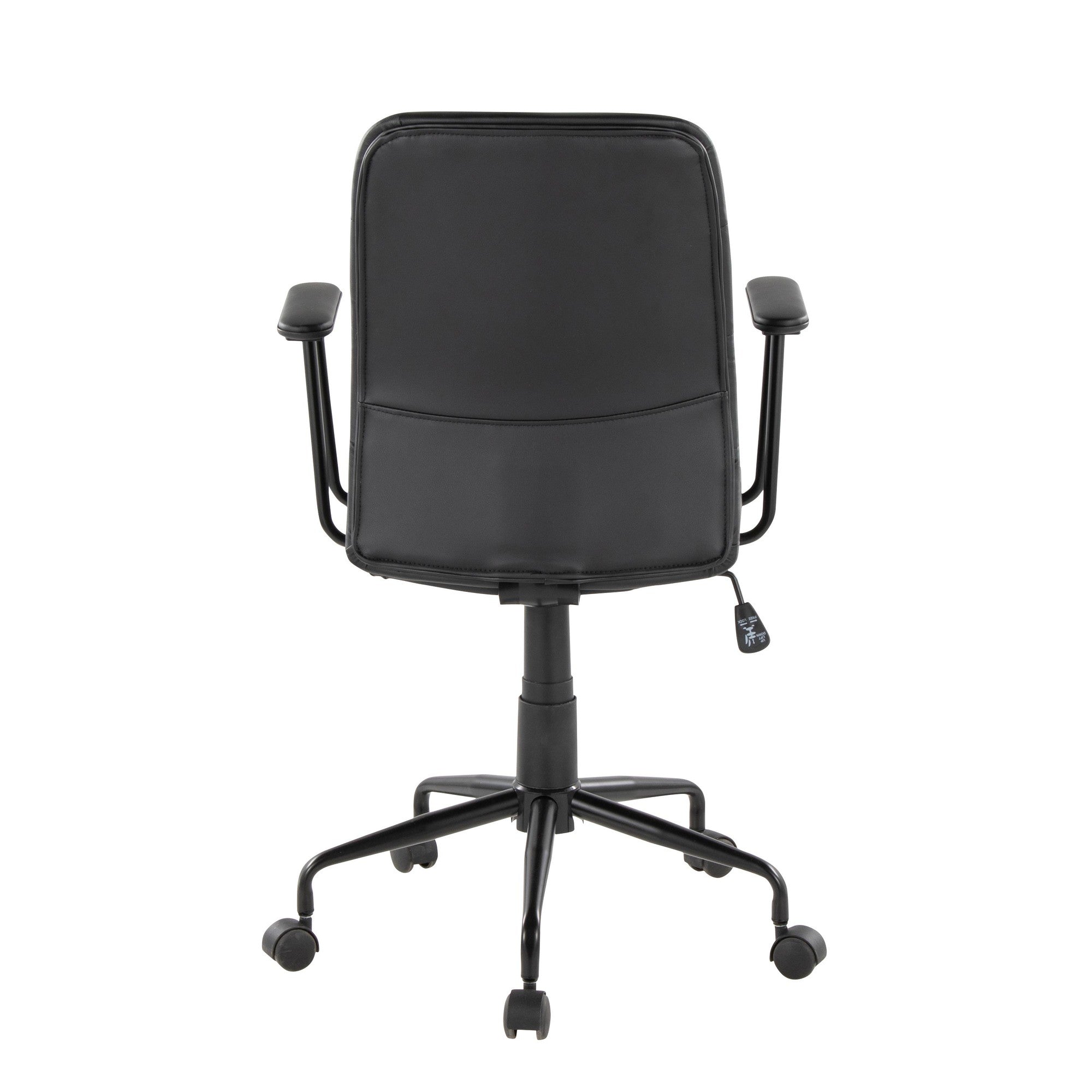 Black faux leather swivel office chair - back view