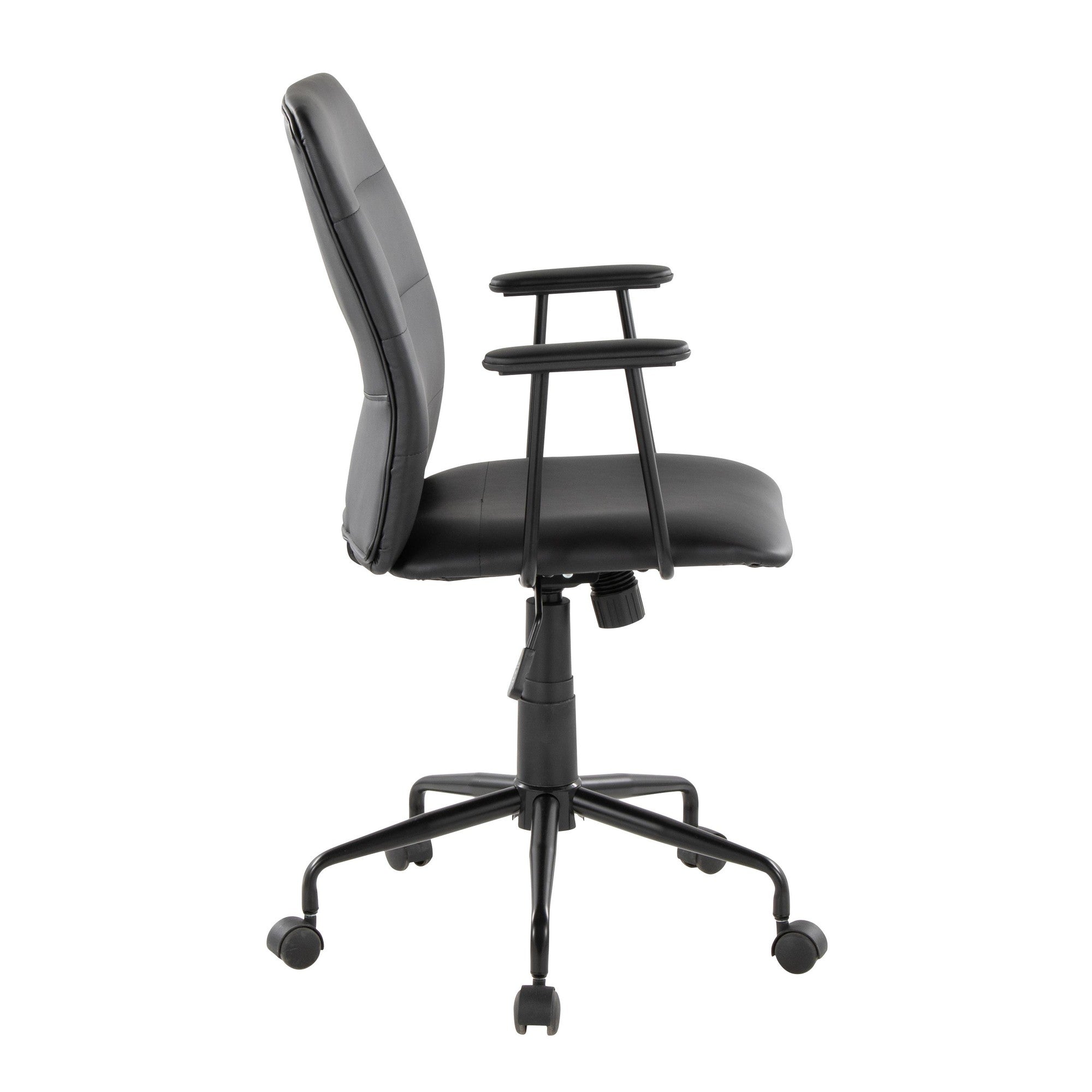 Black faux leather swivel office chair - side view