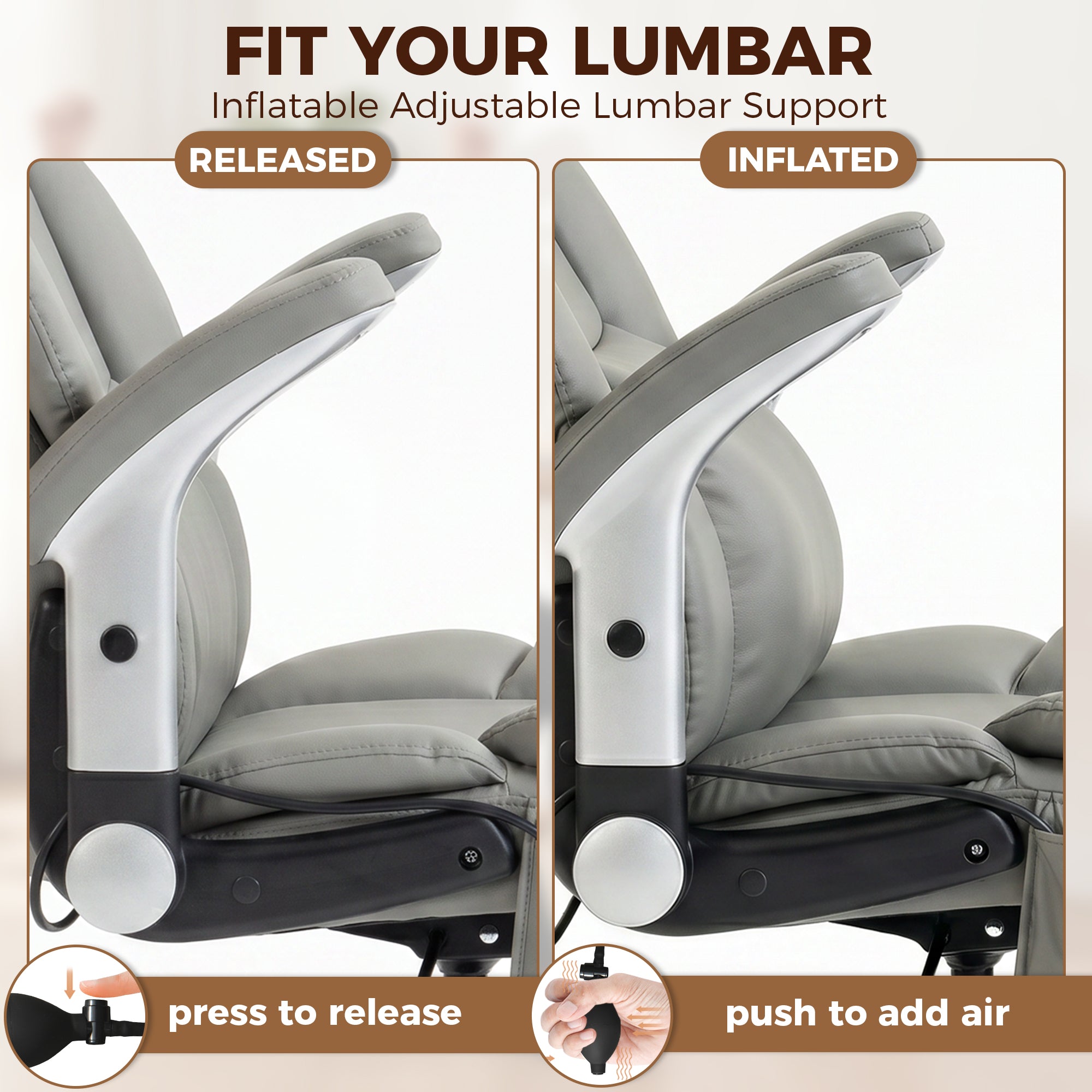 Light gray office chair airbag lumbar support detail