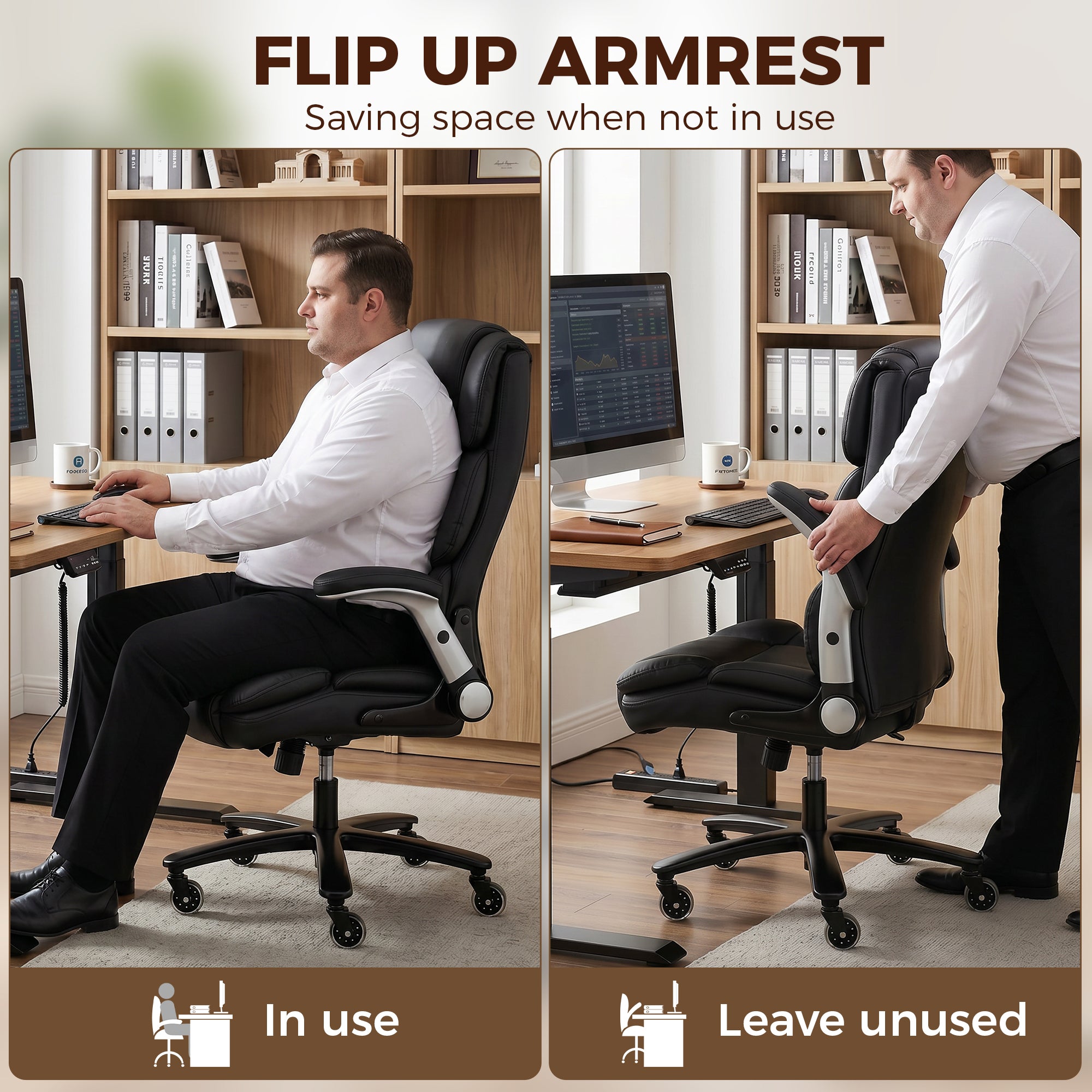 Black pet-resistant fabric ergonomic desk chair with flip-up armrests