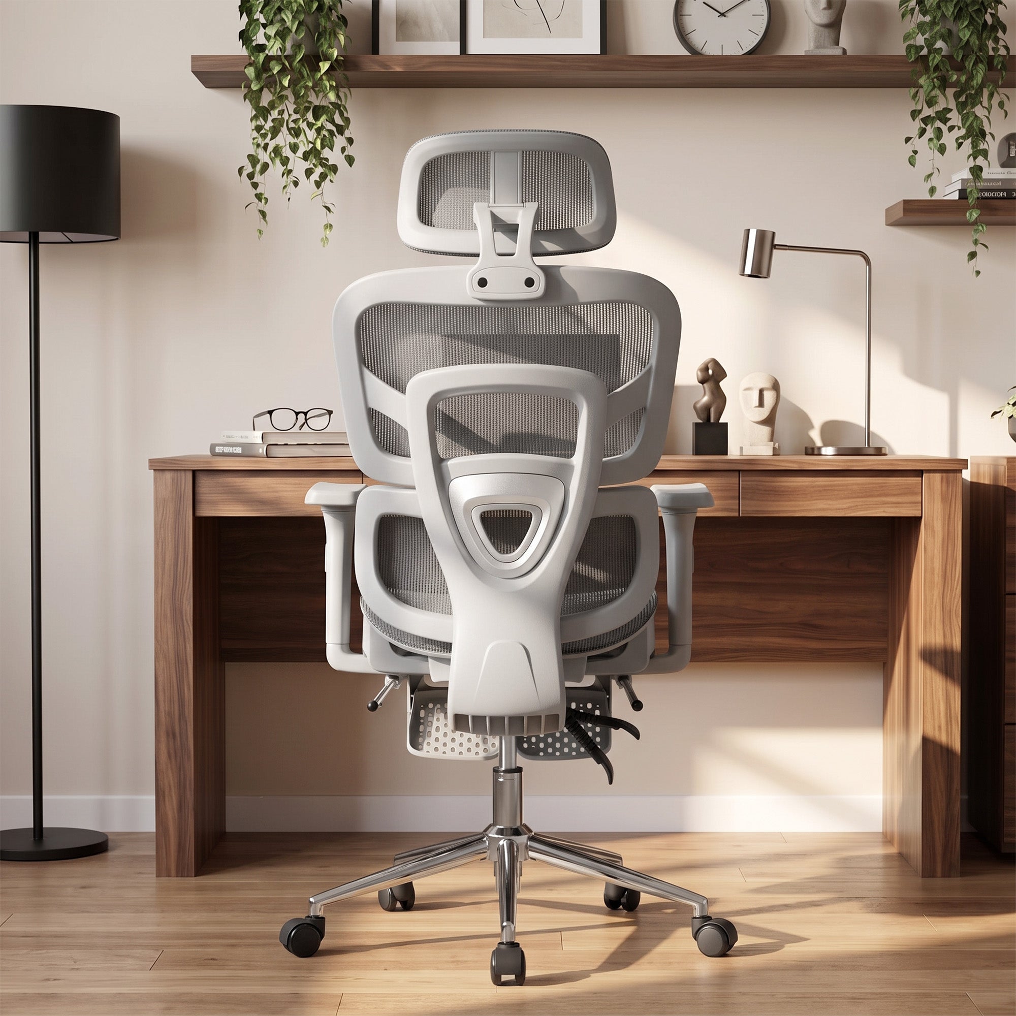 Gray mesh office chair with headrest - back view