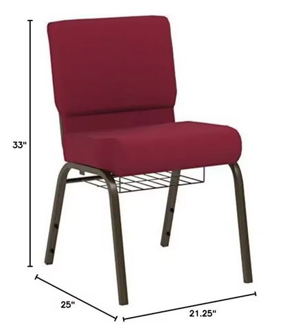 Silla de iglesia apilable serie HERCULES - 18,5'' de ancho, tela burdeos con estructura de veta dorada
