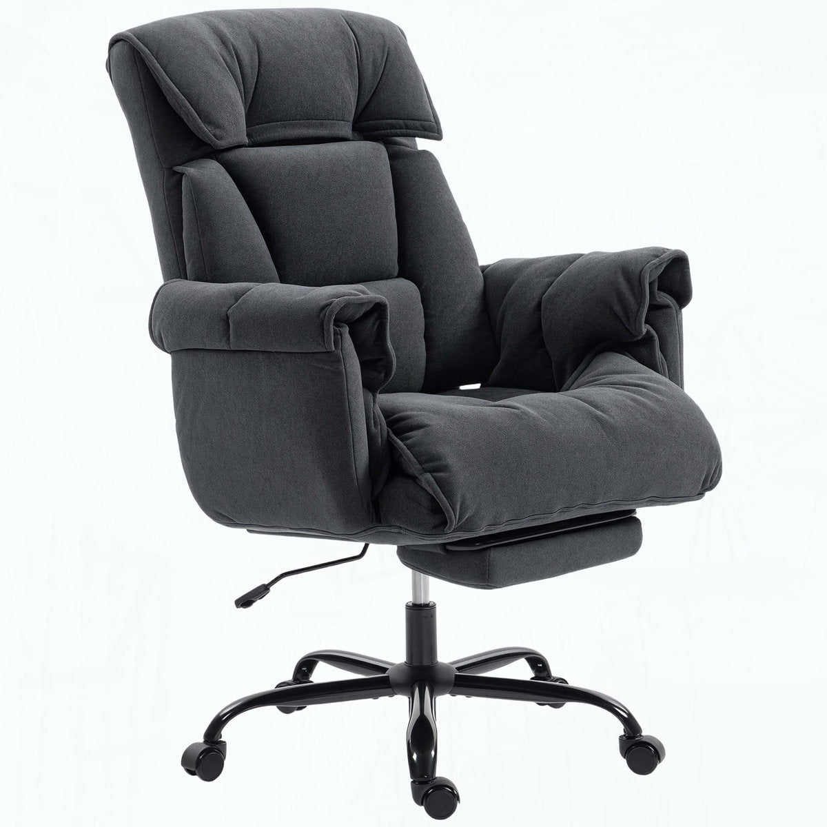Black flannel high-back reclining office chair with footrest