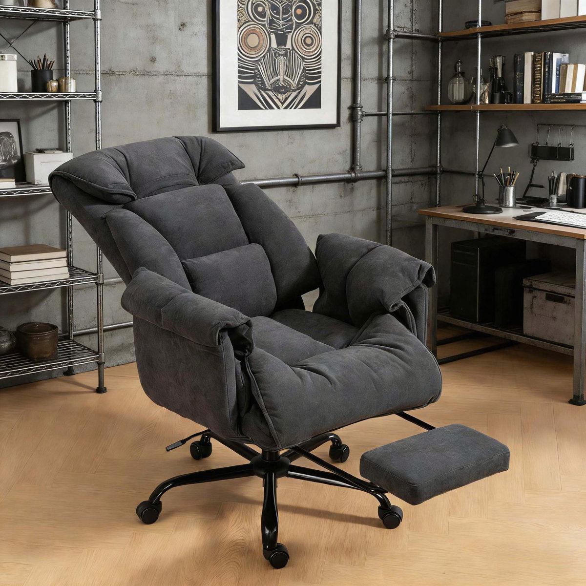 Black flannel high-back reclining office chair with footrest