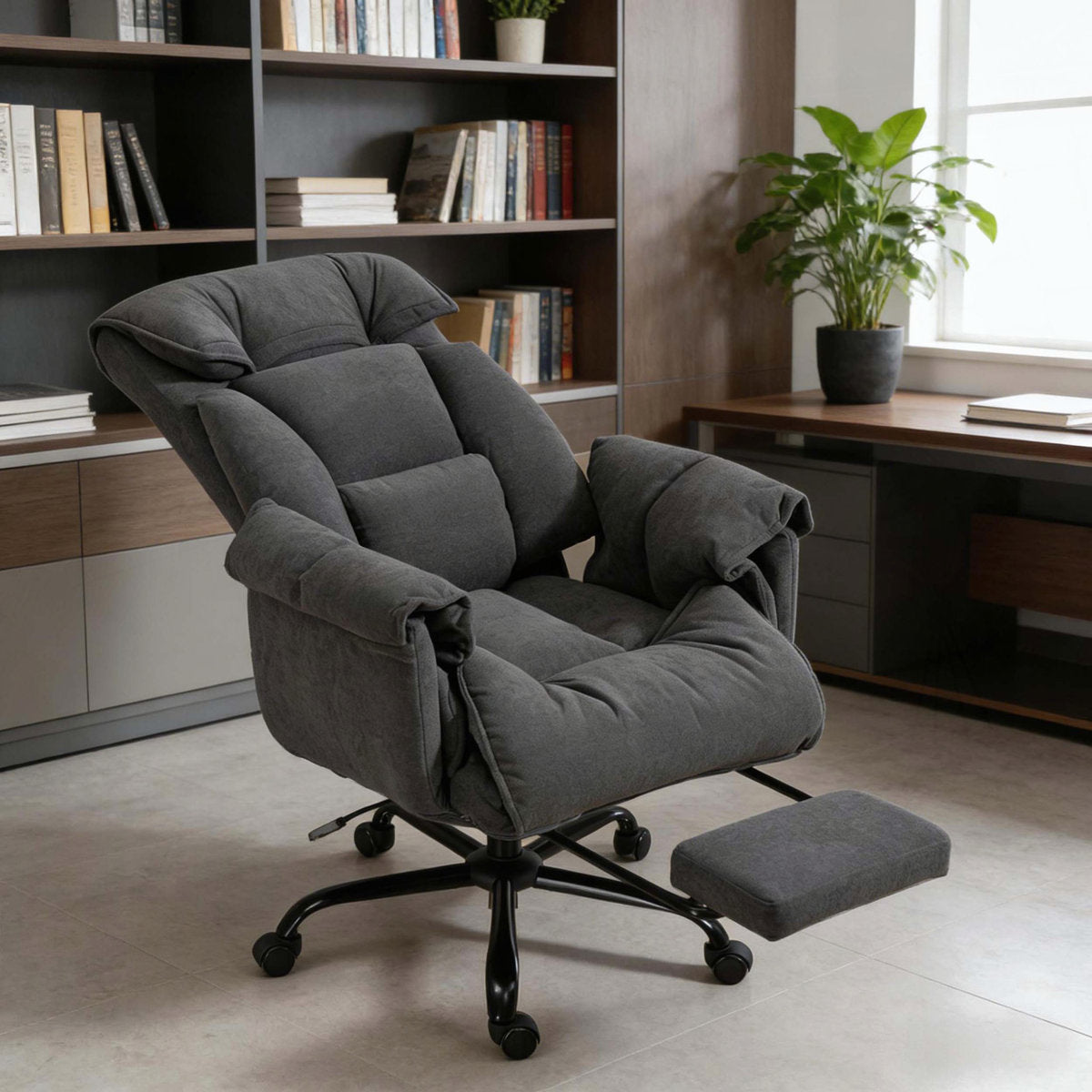 Black flannel high-back reclining office chair with footrest