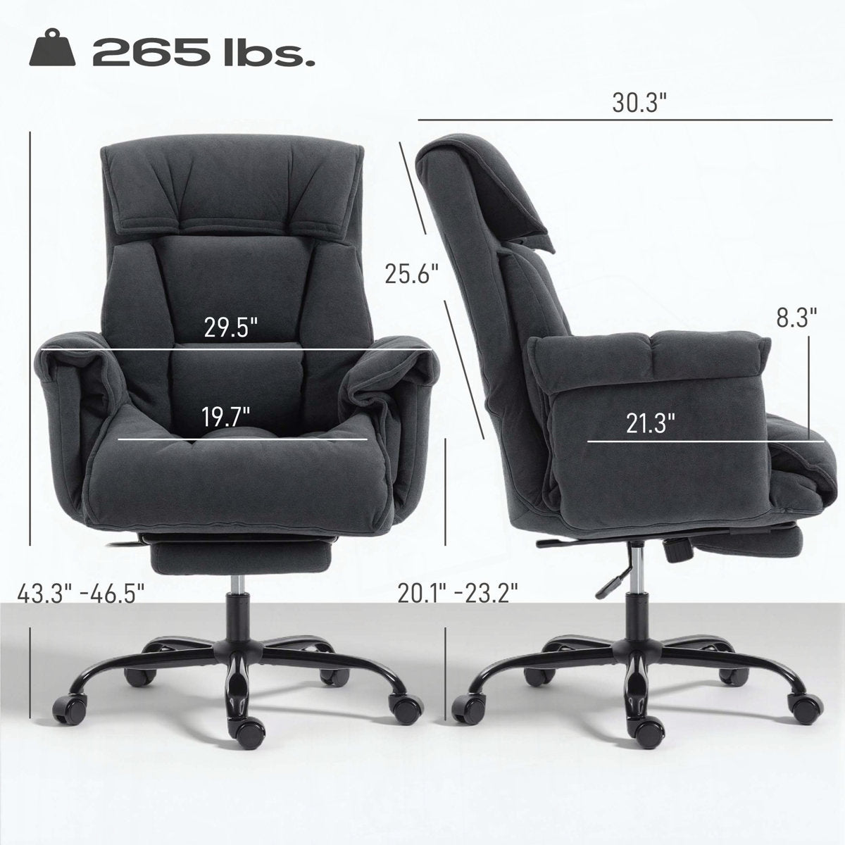 Black flannel reclining office chair dimensions and 265 lb capacity