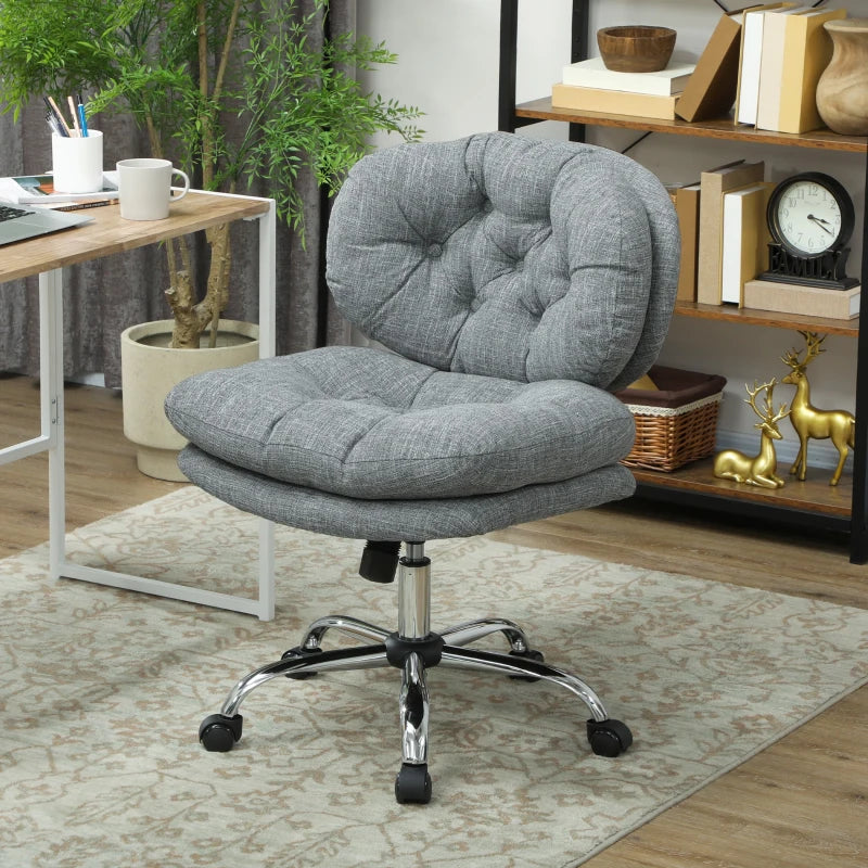 Grey Armless Desk Chair, Tufted Linen, Tilt and Swivel