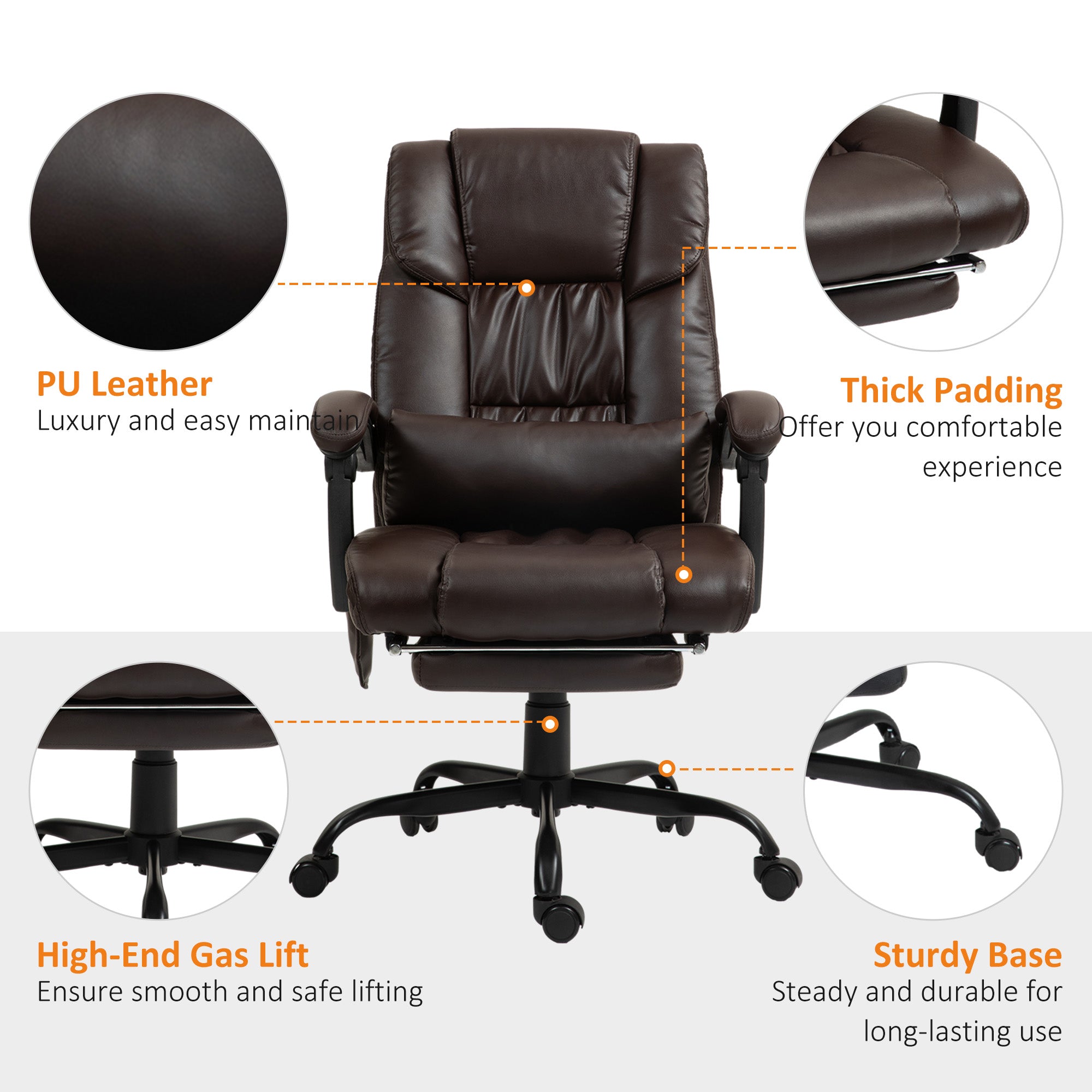 PU leather, thick padding, gas lift and sturdy base details