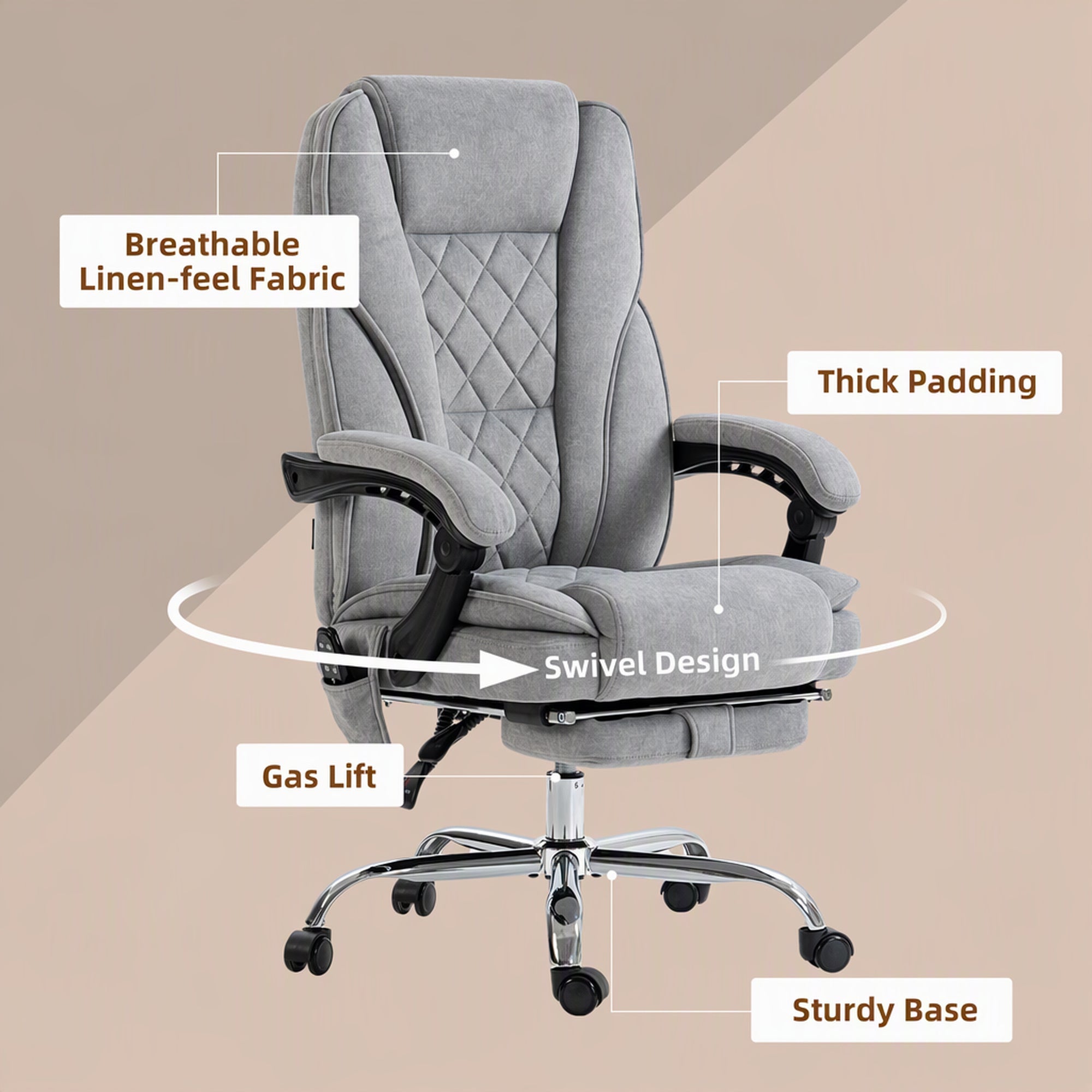Breathable linen-feel fabric, thick padding, swivel design and sturdy base