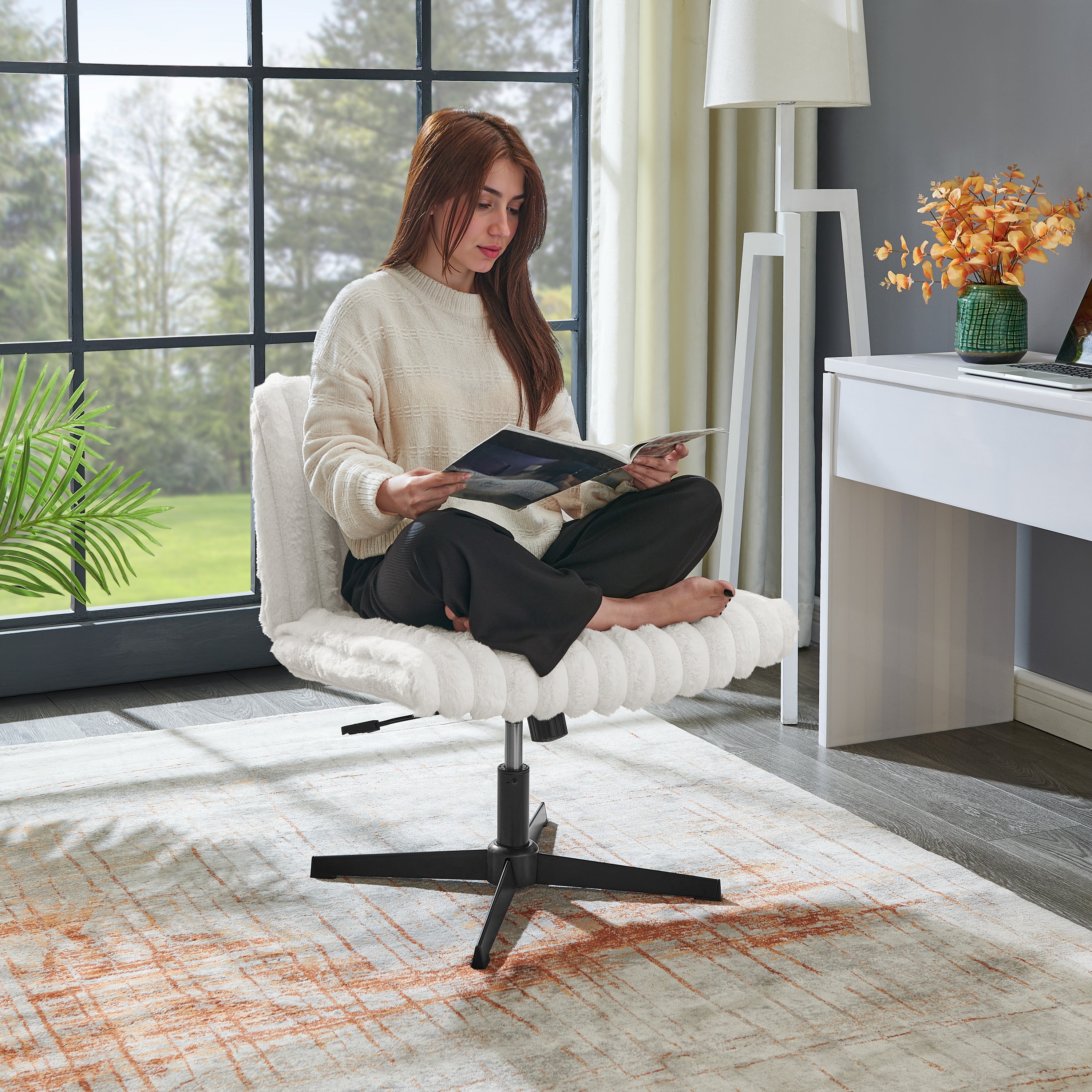 Cream White Adjustable Swivel Criss Cross Office Chair with Foam