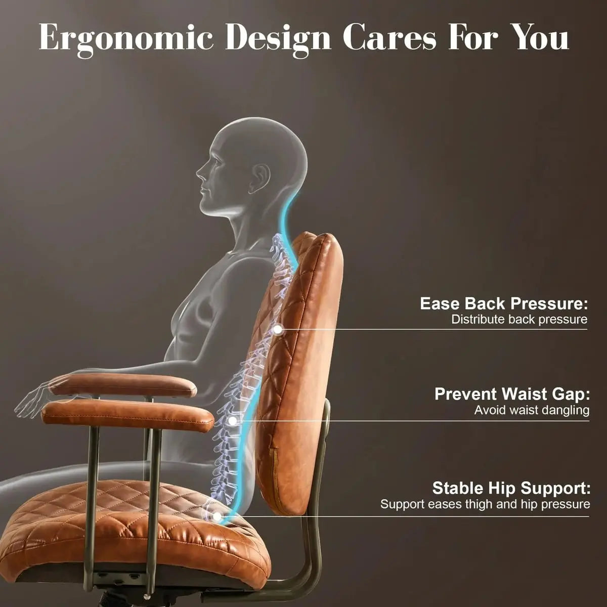 HOOOWOOO Mid-Century Leather Ergonomic Adjustable Swivel Office Chair