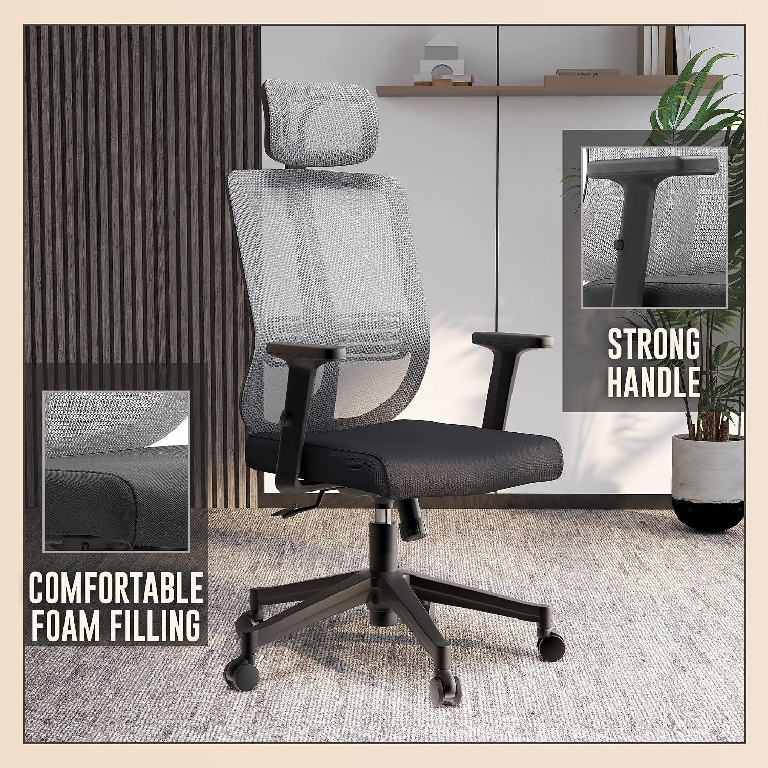 Leisuremod Office Chair, Adjustable Height Arm & Headrest, Upholstered Black Cotton Fabric Foam Filled Seat with White Mesh High Back, Modern Ergonomic Chair, 360 Degree Swivel & Tilt, Nift Series