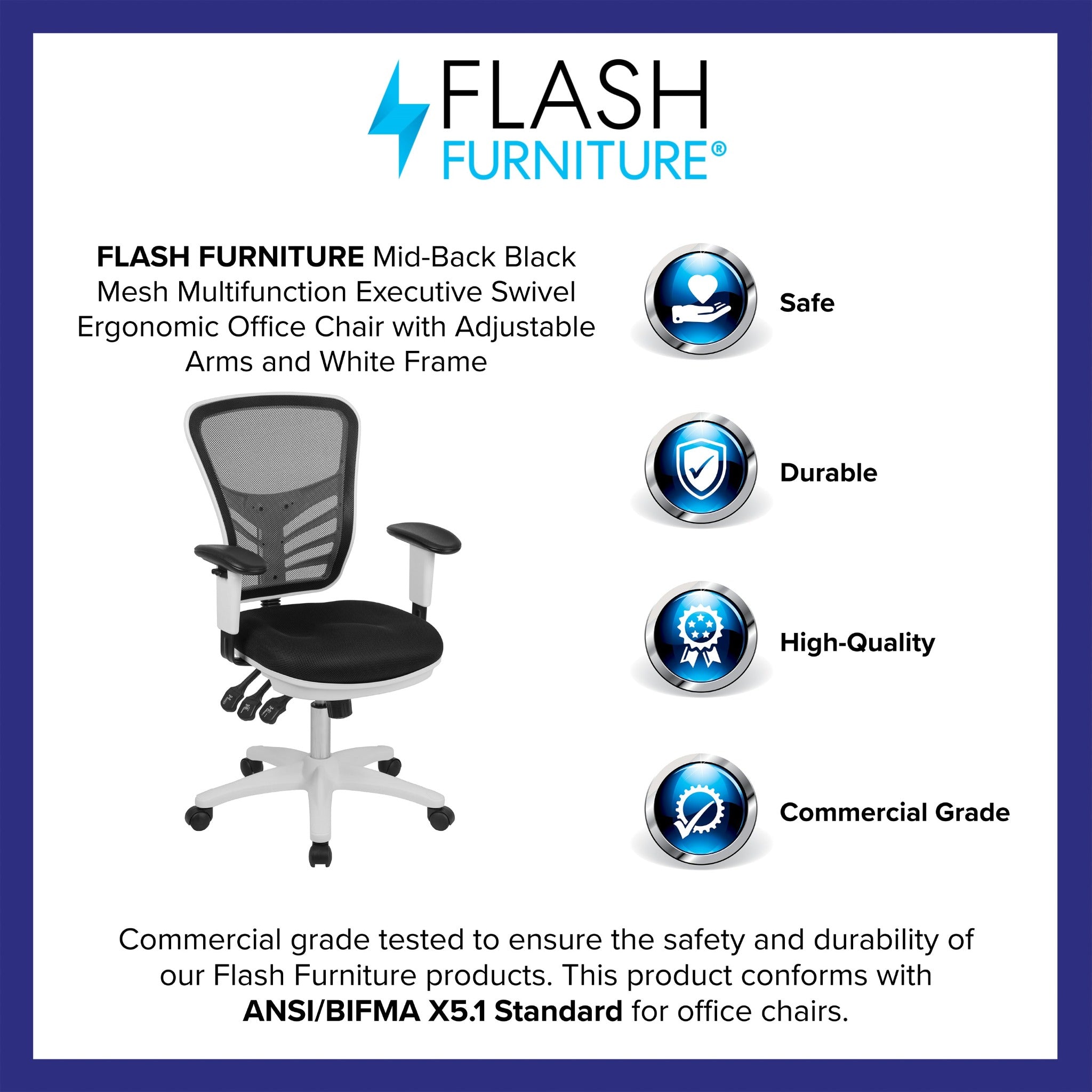 Mid-Back Black Mesh Multifunction Executive Swivel Office Chair with White Frame