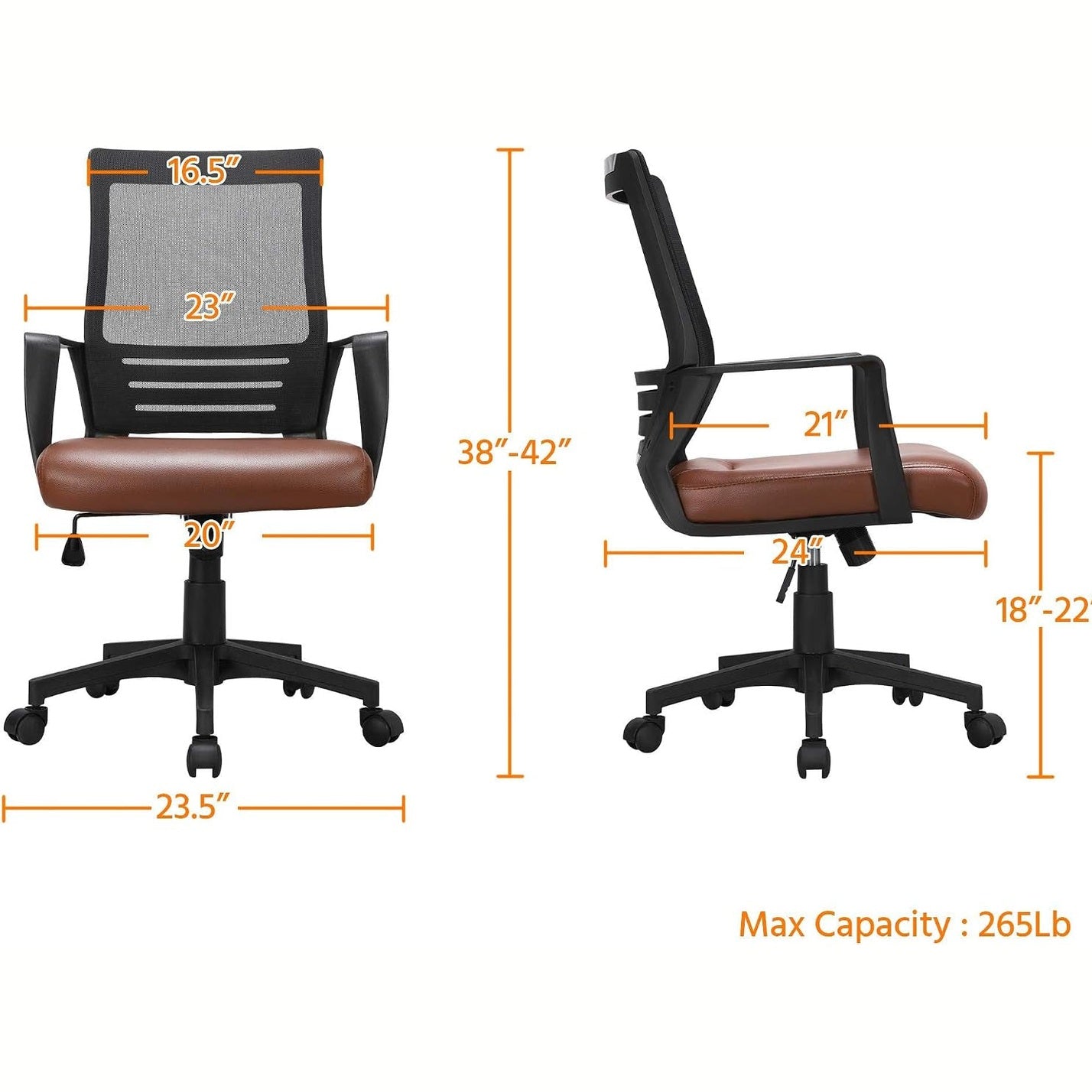 Yaheetech Ergonomic Home Office Chair Leather and Mesh Combine Desk Chair Rolling Swivel Adjustable Mesh Chair with Lumbar Support and Armrests for Office and Home, Brown | Breathable Mesh Back and Padded PU Leather Seat Keep You Comfortable All Day, with Quick Assembly and Sturdy 265 Lb Support.