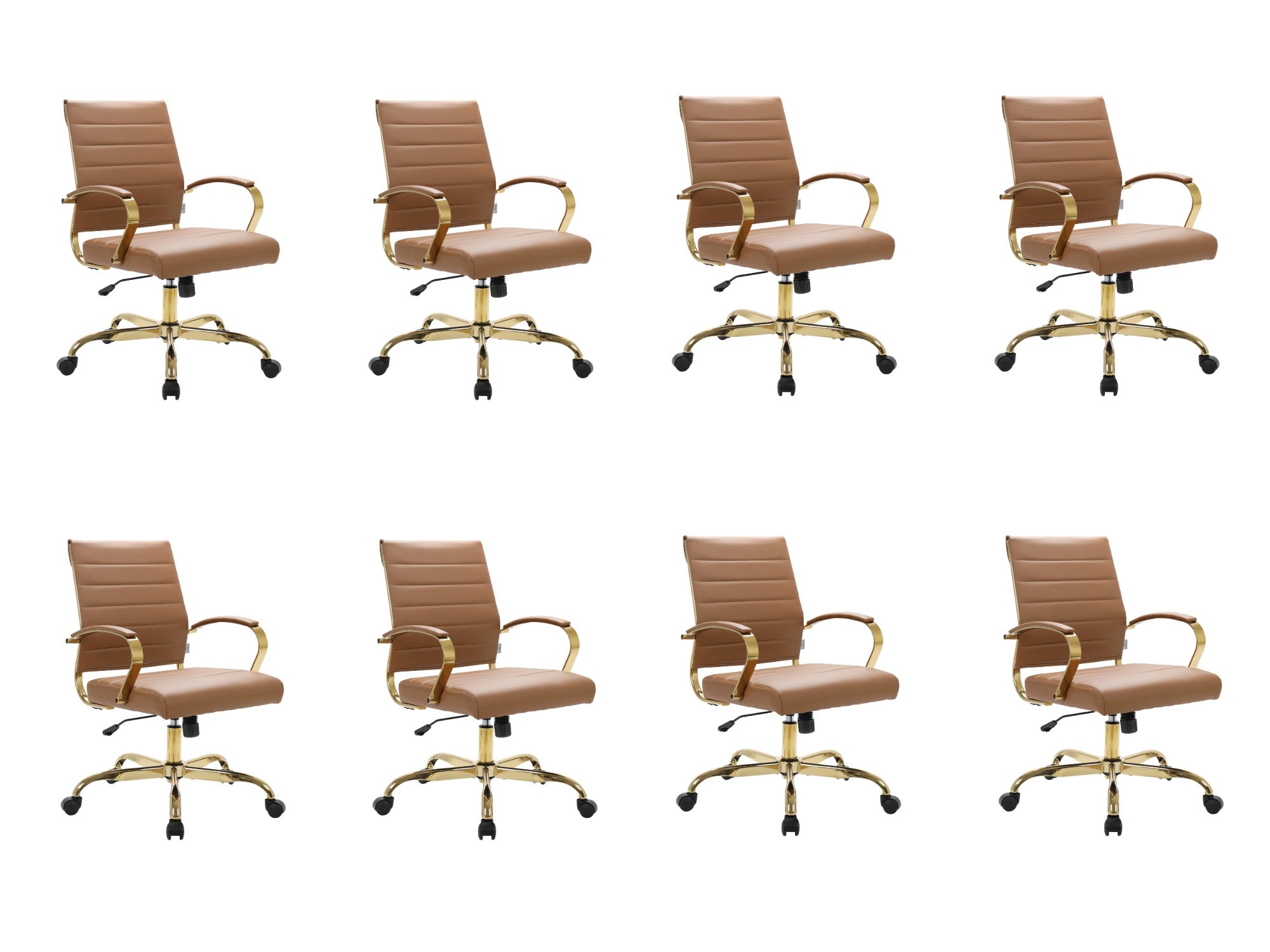 Brown ribbed leather office chairs, gold frame, set of 8