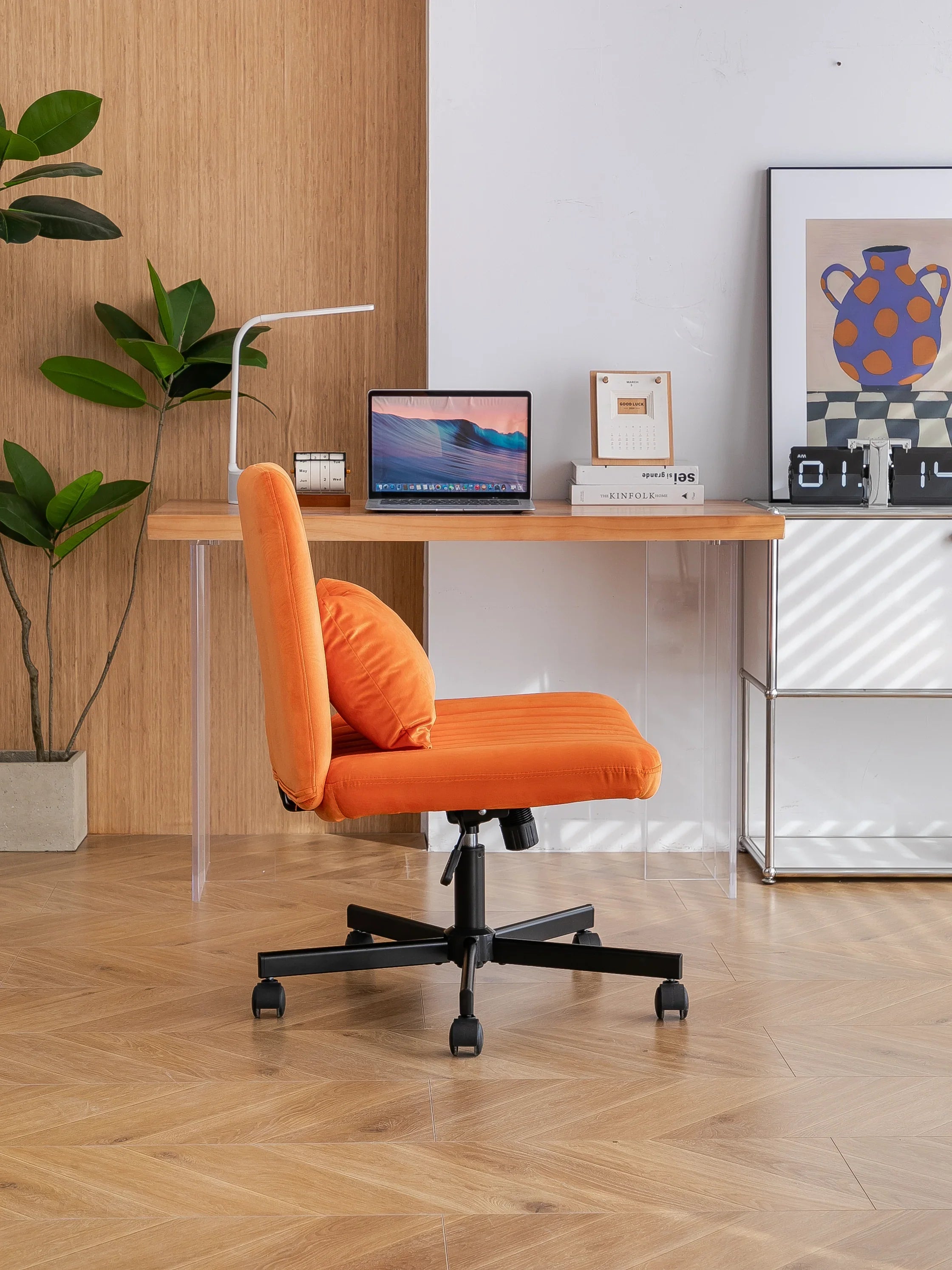 Orange Velvet Criss Cross Armless Office Chair With Wheels