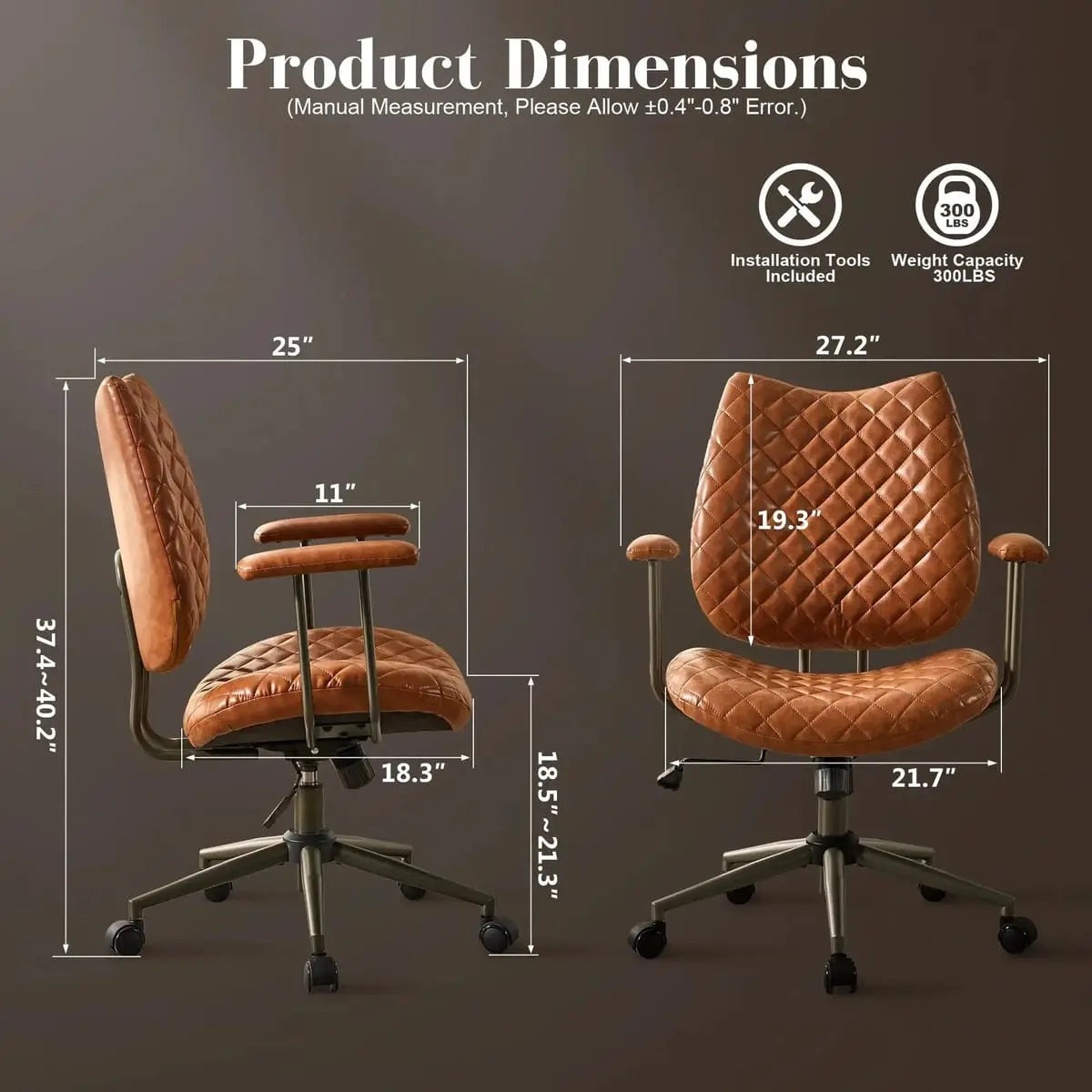 HOOOWOOO Mid-Century Leather Ergonomic Adjustable Swivel Office Chair