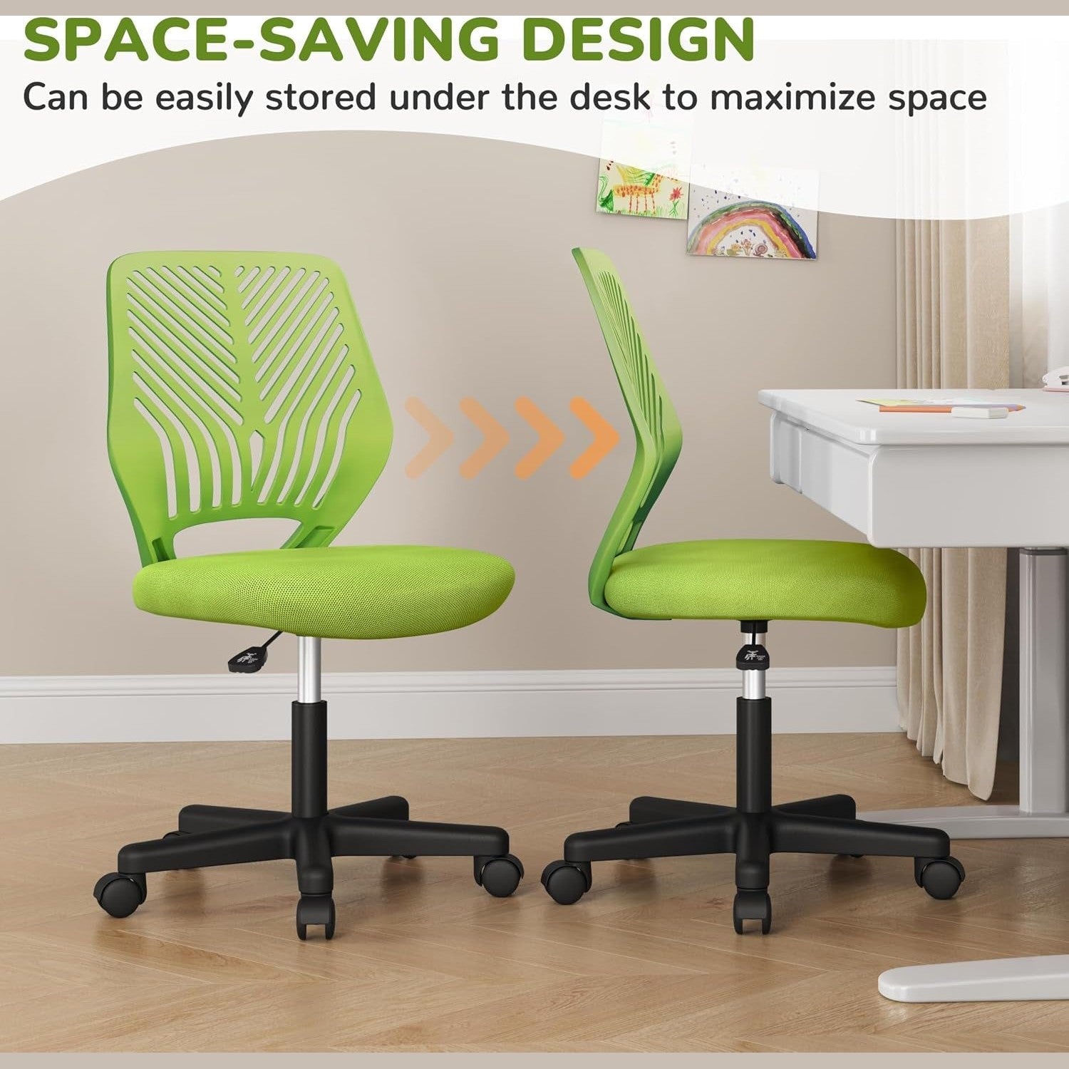 Yaheetech Small Desk Chair, Armless Adjustable Swivel Seat, Green | Padded Mesh Seat and Ventilated Resin Back, Compact Armless Frame Rolls and Adjusts for Study and Small Desks, Holds 300 Lb.