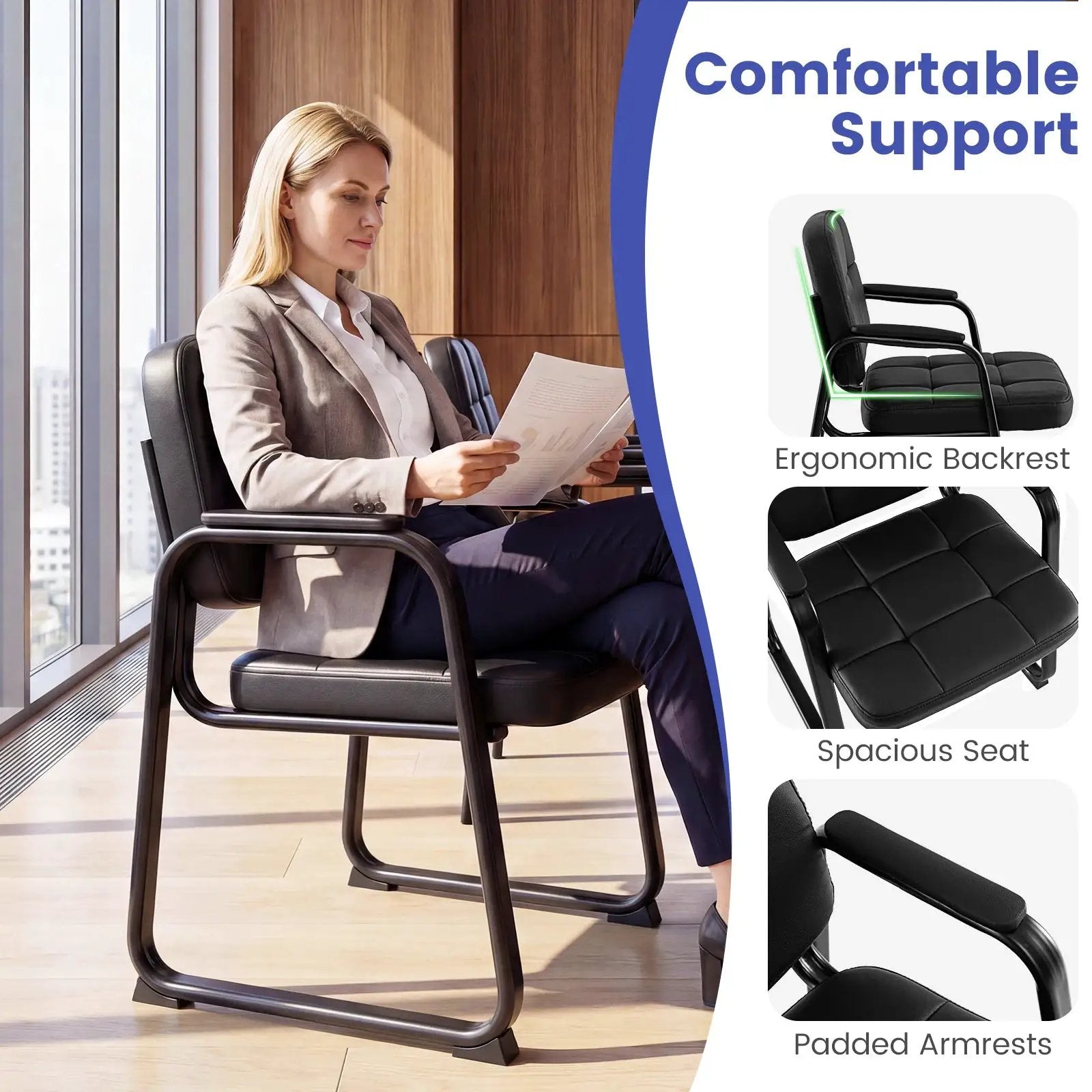 Costway Leather Office Reception Chairs Set of 2/4/6/8/10/12 with - Sled Base