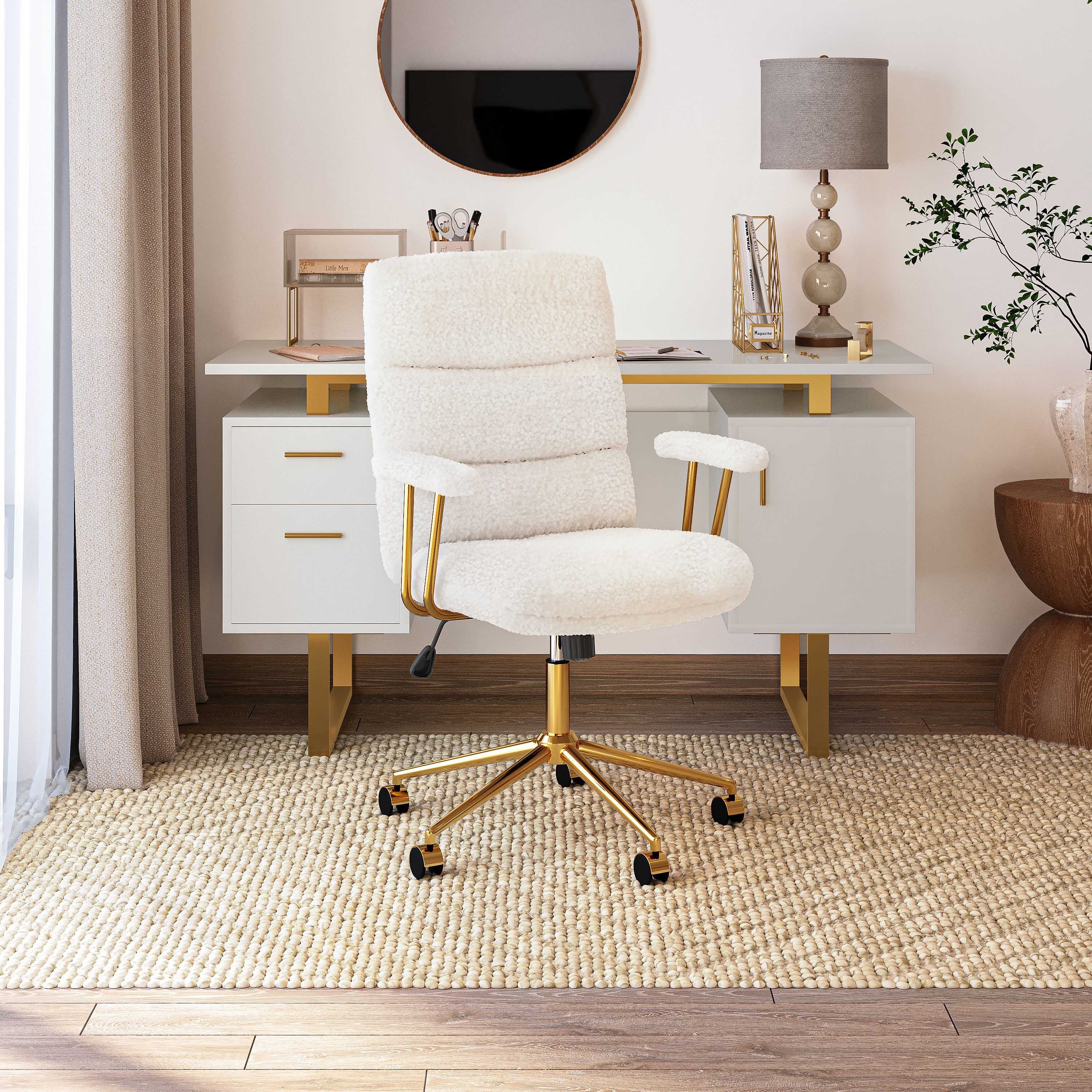 Boucle Office Chair, White and Gold, Height Adjustable