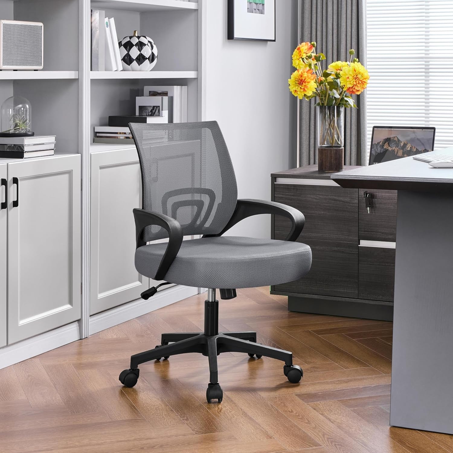 Yaheetech Mid Back Mesh Computer Office Desk Chair Adjustable Swivel, Dark Grey