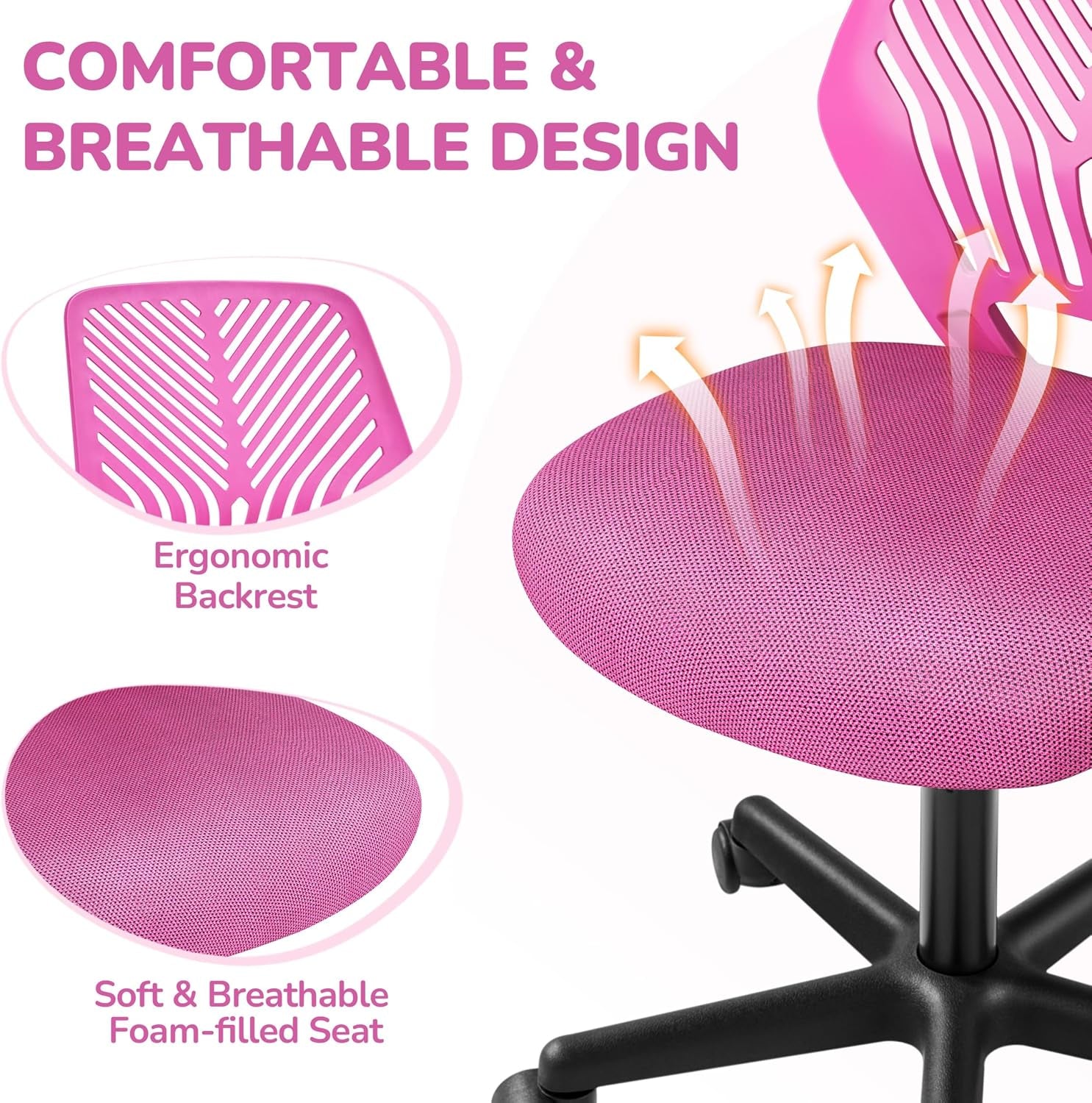 Yaheetech Small Desk Chair, Armless Adjustable Swivel Seat, Rose Red | Padded Mesh Seat and Ventilated Resin Back, Compact Armless Frame Rolls and Adjusts for Study and Small Desks, Holds 300 Lb.