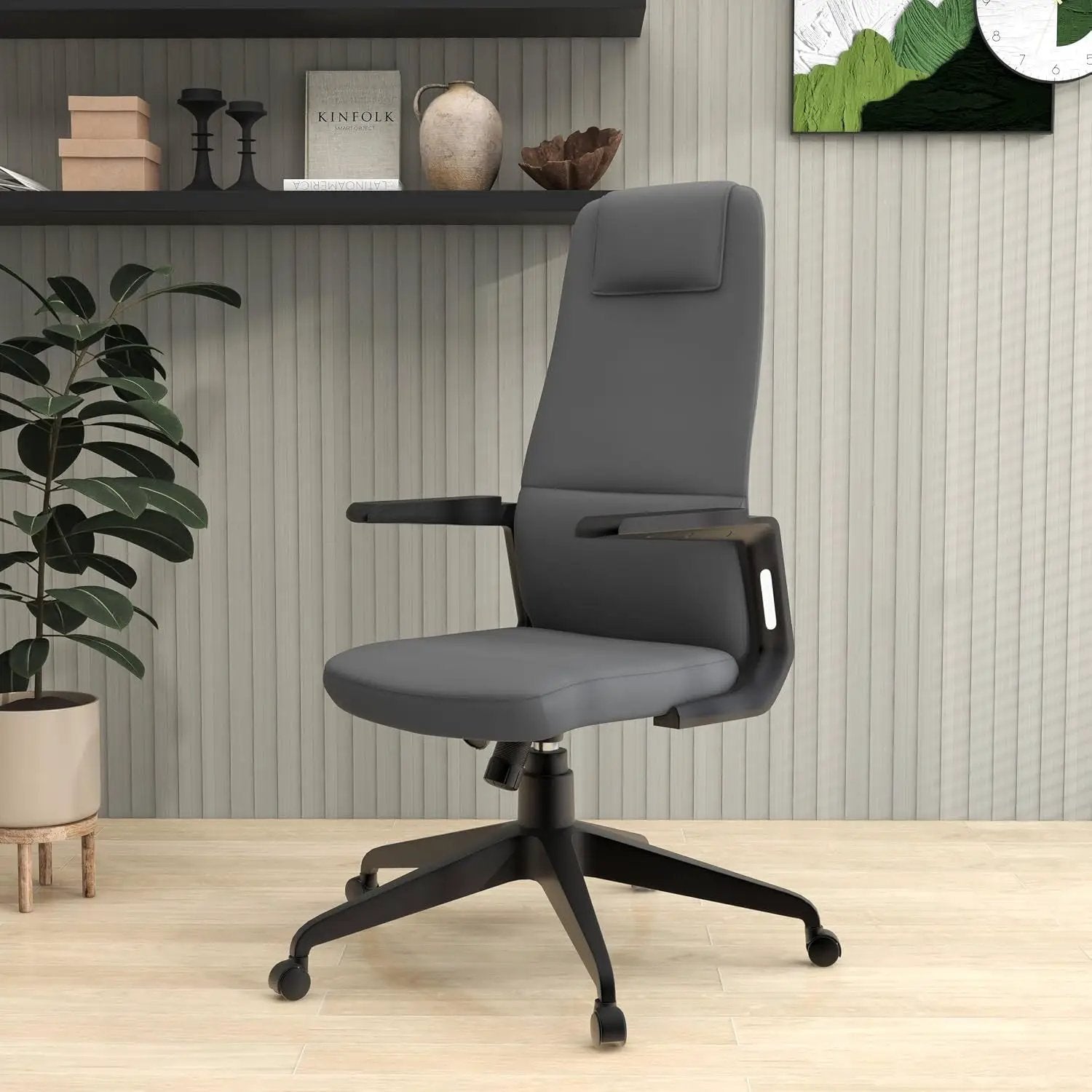 Leisuremod Ergonomic High-Back Leather Office Chair - Grey Swivel Desk Chair with Adjustable Height, Tilt, Padded Headrest & Double Wheel Casters, Comfortable for Home or Office