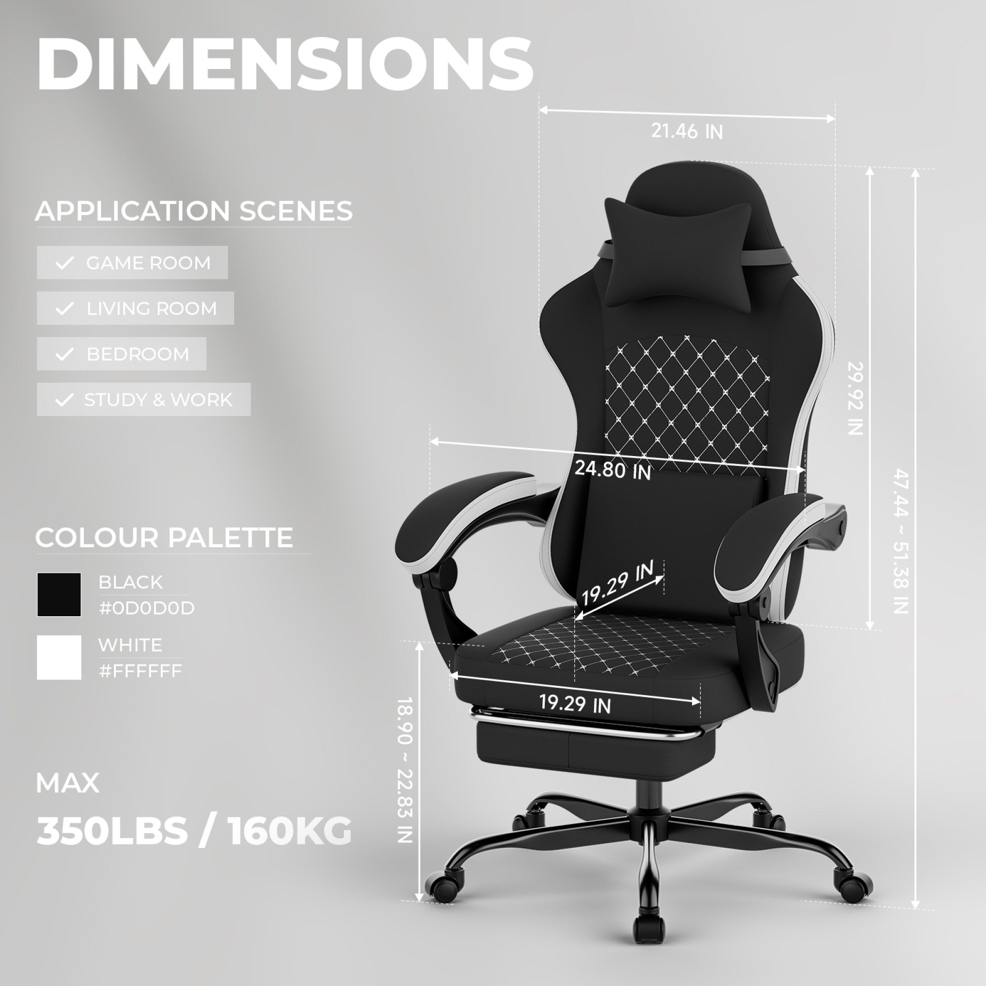 Black and White Massage Gaming Chair with Footrest - dimensions