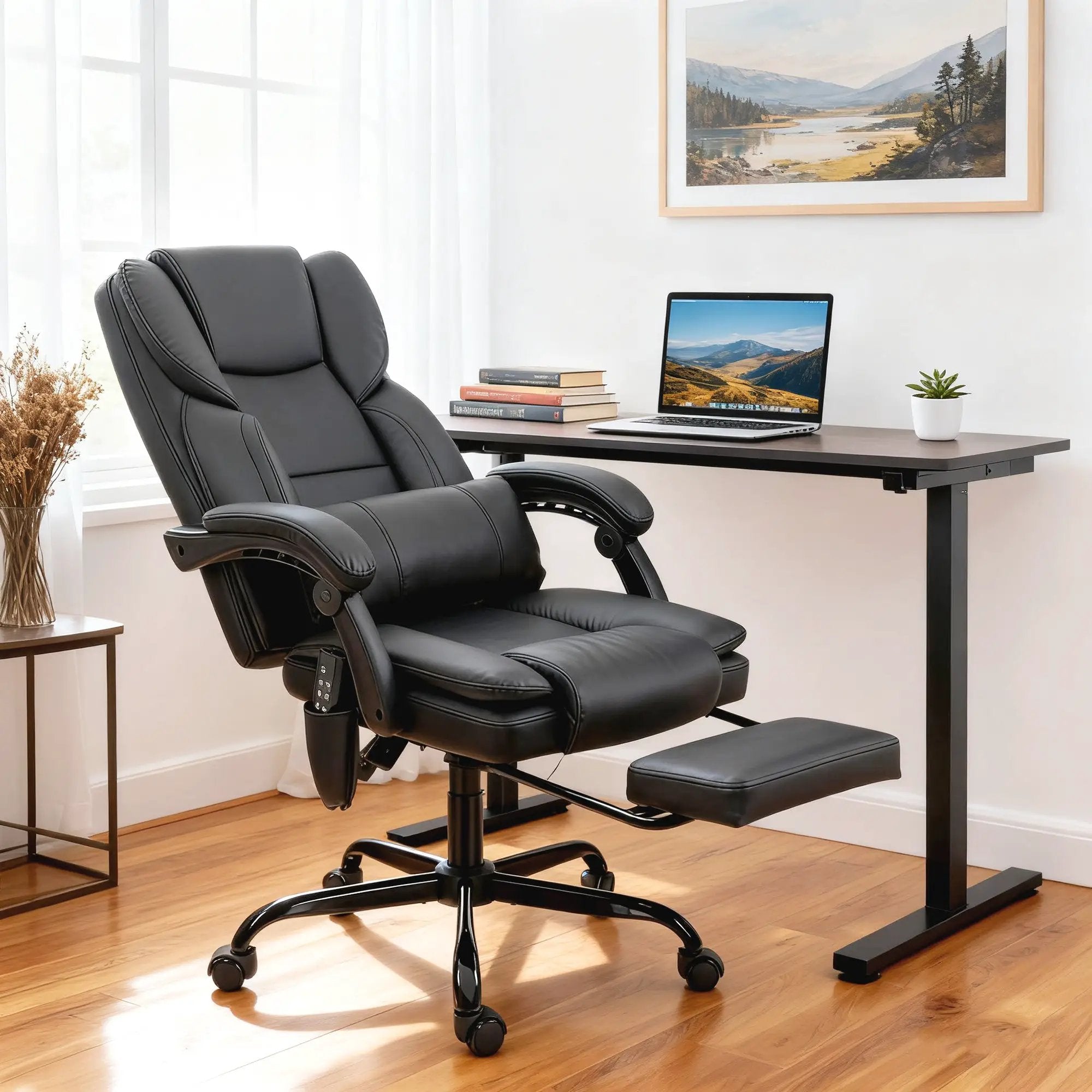 Office Chair with Massage, Pet-Friendly Faux Leather Reclining Desk Chair with Lumbar Support, Footrest, Black by Platinum-Level Office Chairs