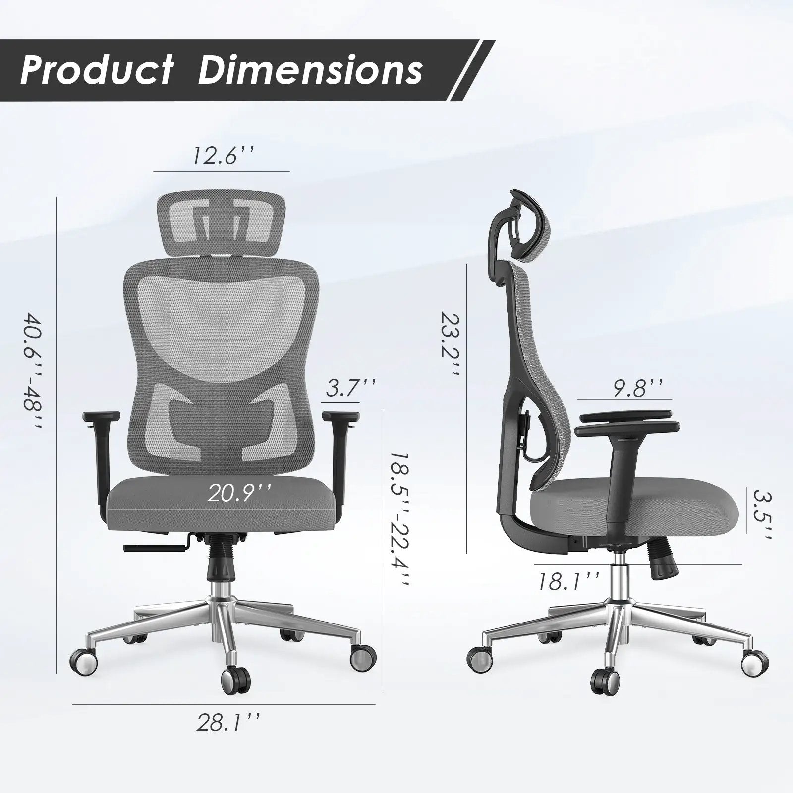Black and grey ergonomic office chair with mesh back, adjustable lumbar support, headrest, 3D armrests, reclining and swivel features.