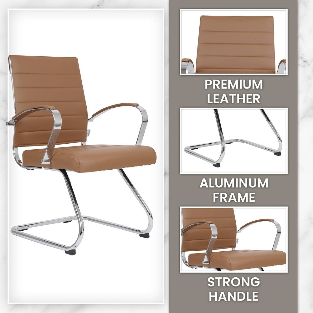 24 PCS Benmar Leather Upholstered Computer Office Chair with Sled Base, Padded Armrests for Home or Office - Light Brown