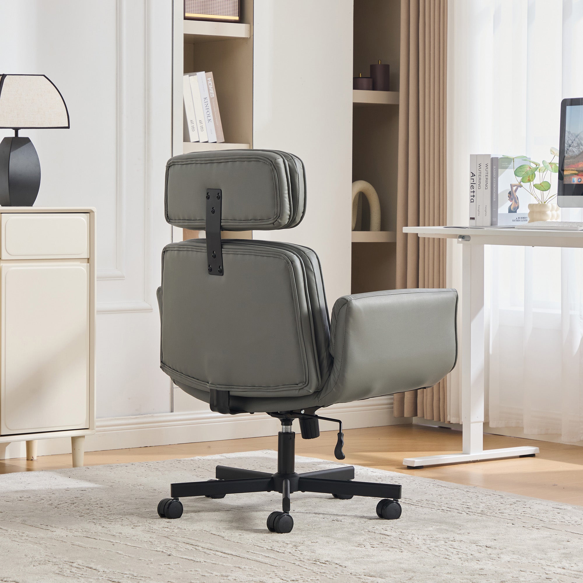 Grey PU Leather Criss Cross Chair with Armrests and Headrest