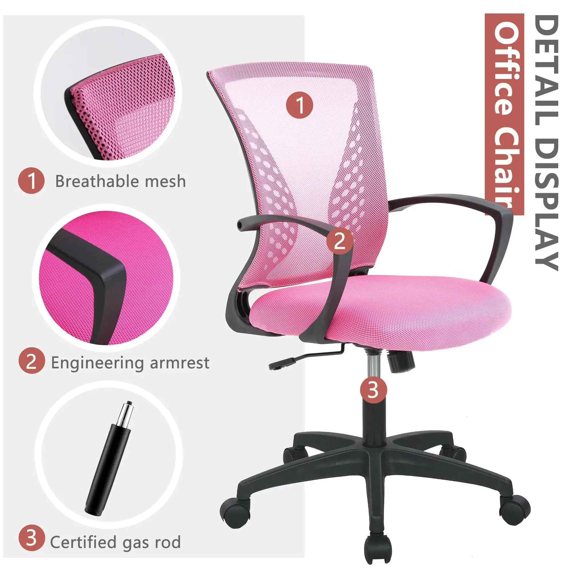 Paylesshere Ergonomic Office Chair with Lumbar Support, Adjustable Height, Swivel Casters, Pink, 1 Pack