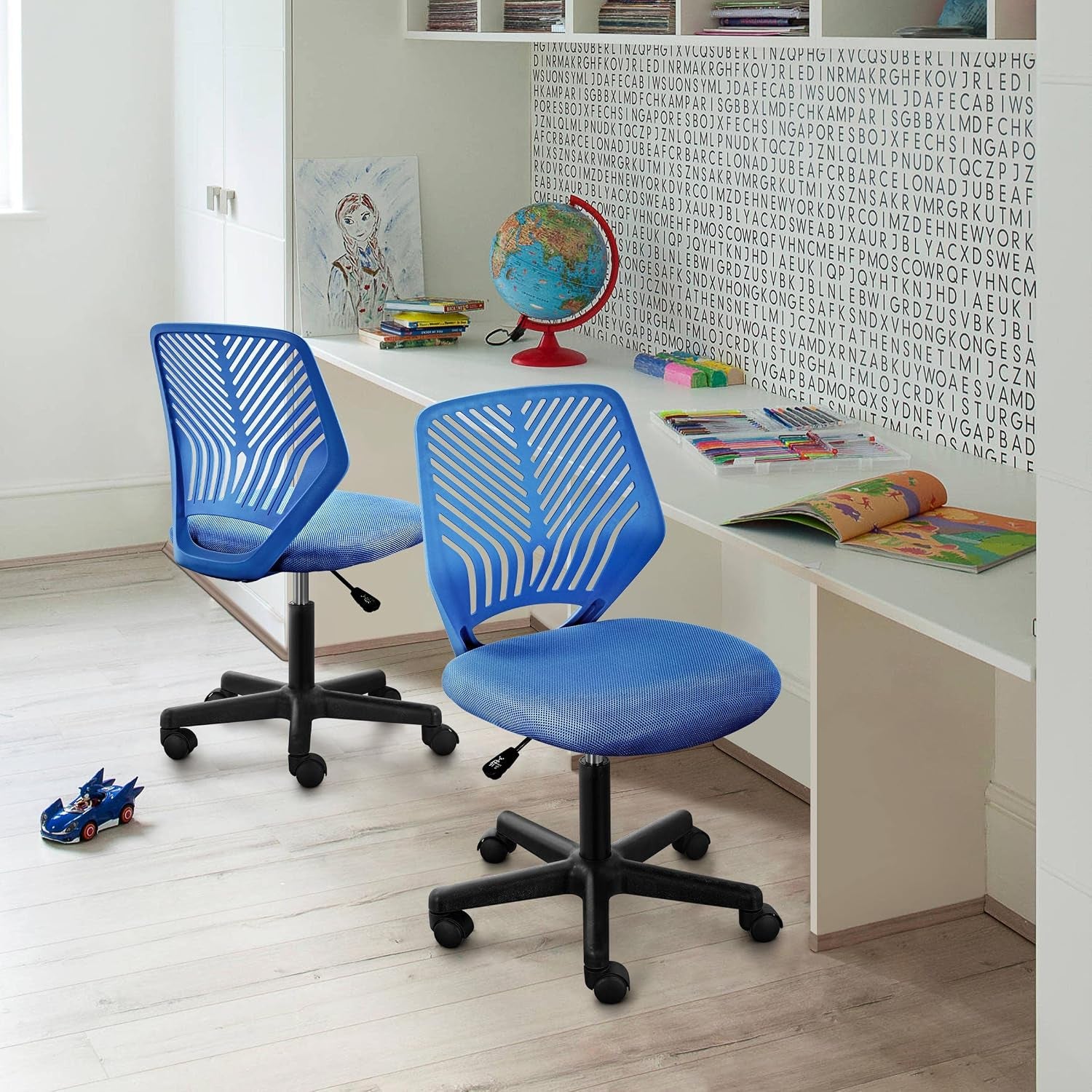 Yaheetech Small Desk Chair, Armless Adjustable Swivel Seat, Blue | Padded Mesh Seat and Ventilated Resin Back, Compact Armless Frame Rolls and Adjusts for Study and Small Desks, Holds 300 Lb.